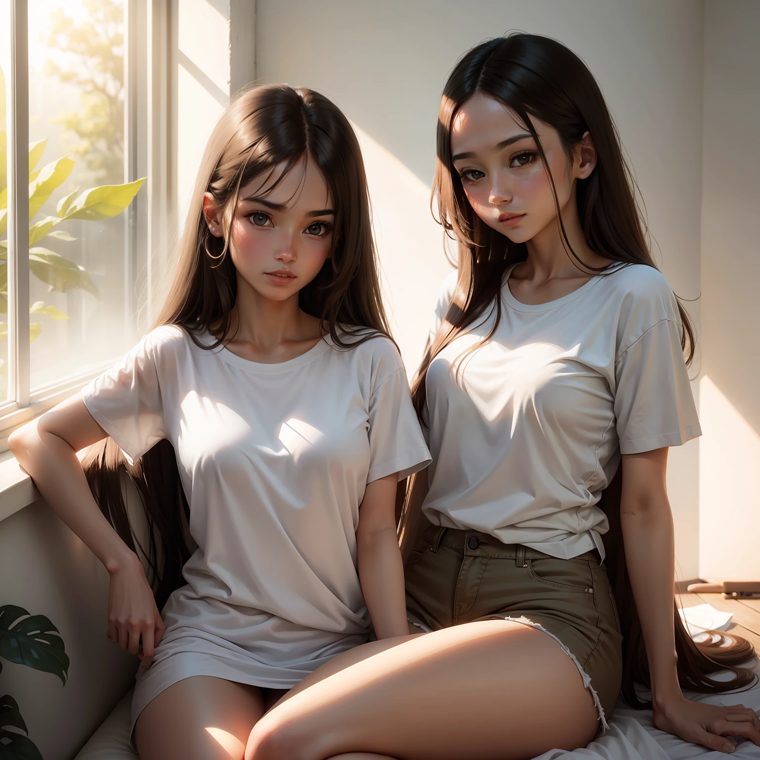 White T-shirt long hair brunette sun sill