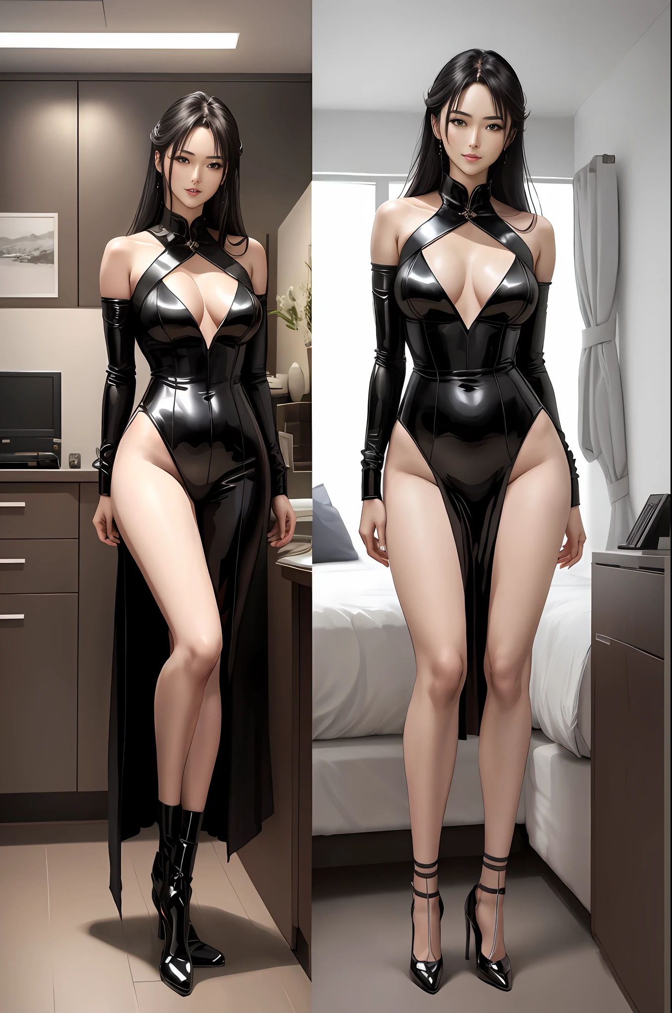 best qualtiy, tmasterpiece,Super anime art,Pisif Art, 超高分辨率, realisticlying, 1. Mature sexy woman, Large breasts,long leges,180cm tall,perfect bodies,standing full-body, ssmile,Raised sexy,Erotic,Titillating