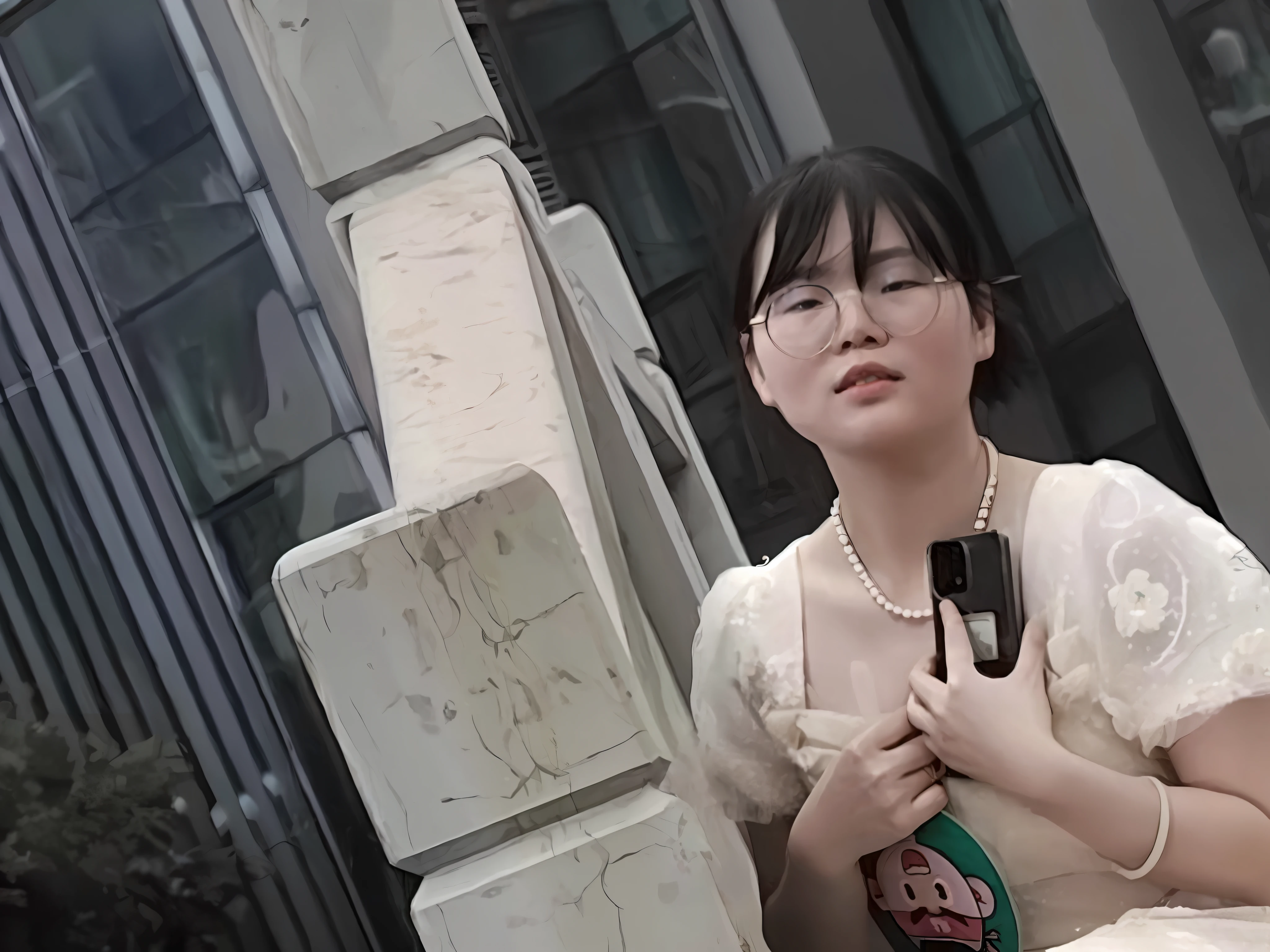 On the steps sat a woman,Holding an umbrella, xintong chen, White Hanfu, very very low quality picture, in dress, Dressed in elegant dresses, wenfei ye, dressed with long fluent clothes, inspired by Ma Yuanyu, Chinese girl, 2 8 yeviz, with acient chinese clothes, 2 9 years old