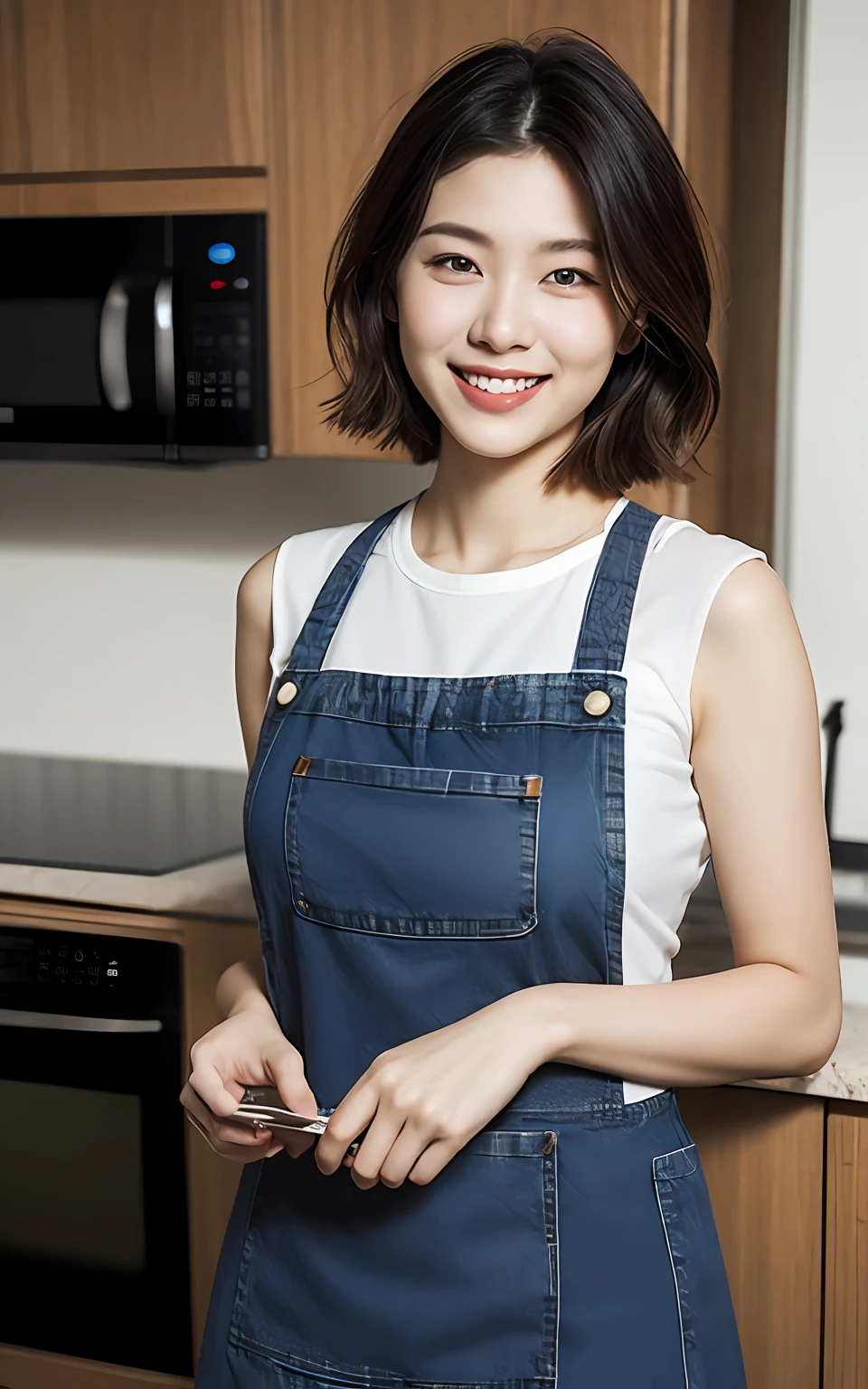 Highly detailed CG Unity 8k wallpaper, top quality, super detailed, masterpiece, realistic, photorealistic, highly detailed cute girl, 25 years old, (Denim short:1.3), (apron)  ,   smile,  parted lips, round eyes, large breasts, viewer, half body shot , kitchen , eating , sitting  , straight perm
