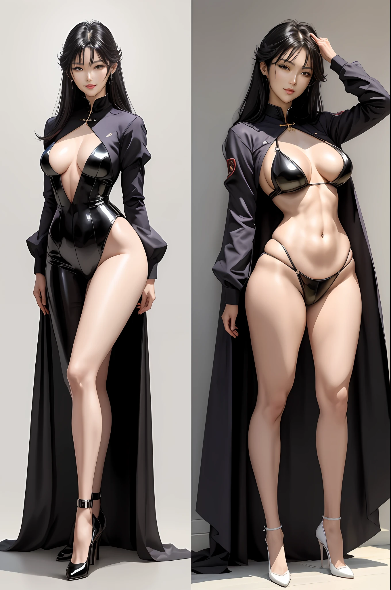 best qualtiy, tmasterpiece,Super anime art,Pisif Art, 超高分辨率, realisticlying, 1. Mature sexy woman, Large breasts,long leges,180cm tall,perfect bodies,standing full-body, ssmile,Raised sexy,Erotic,Titillating