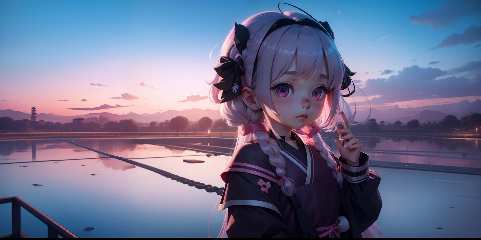 A man with long hair in a pink dress, Loli,small curvaceous loli,jrpg character,Japan vtuber，In battle，There are two drooping rabbit ears on the head，The eyes are pink，hair is silver