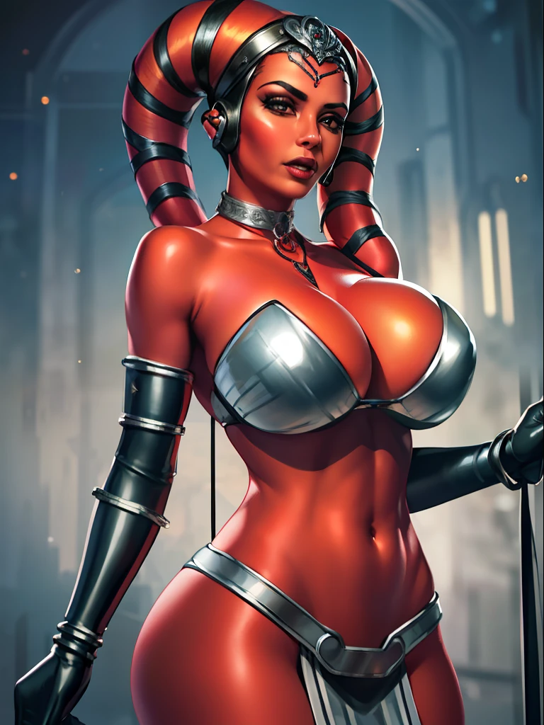 (best quality, masterpiece, highly detailed), 1girl, (red skin), sexy busty Twi'lek, (((huge breasts))), cleavage, sharp facial features, silver and black bikini, silver, ornate strapless metal bra, metal lace, gemstones, silver jewelry, long skirts, choker, armlets, pelvic curtain, silks, Star Wars, lekku stripes