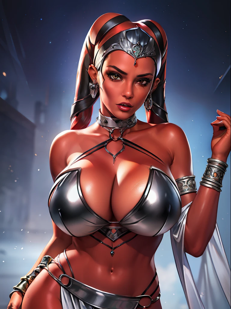 (best quality, masterpiece, highly detailed), 1girl, (red skin), sexy busty Twi'lek, (((huge breasts))), cleavage, sharp facial features, silver and black bikini, silver, ornate strapless metal bra, metal lace, gemstones, silver jewelry, long skirts, choker, armlets, pelvic curtain, silks, Star Wars, lekku stripes