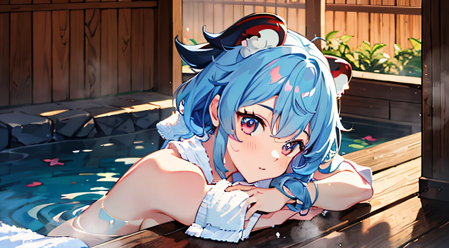 1girl in (masterpiece) (top-quality)(Shiny hair)(Glossy skin)、1girl in (masterpiece) (top-quality)(Shiny hair)(Glossy skin)、Bath、(Naked towel:1.4),,(Fluffy towel:1.7),hot onsen, ganyu \(GenshinImpact\)、lightblue hair、red eyes、red horns、ganyu \(GenshinImpact\)、lightblue hair、red eyes、red horns、hot onsen、Bath