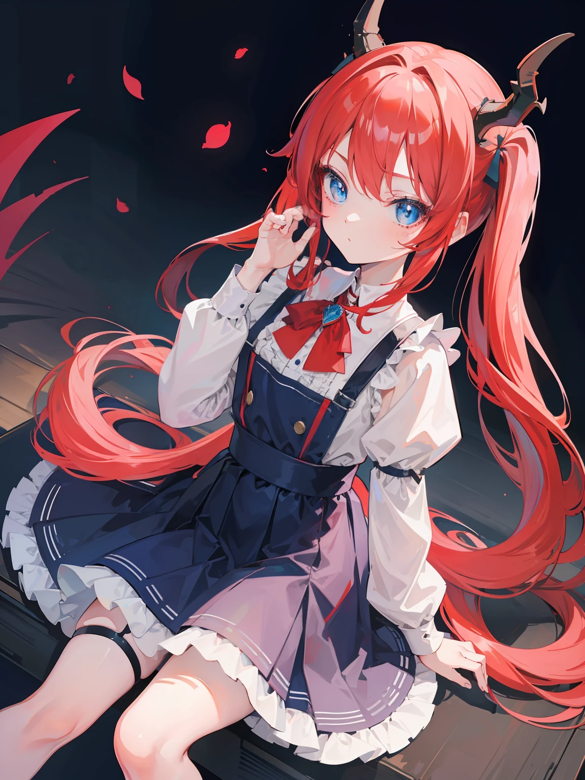 {{best quality}}, {{masterpiece}}, {{ultra-detailed}}, {illustration}, {detailed light}, red hair,blue eyes,twintails,ta,Suspenders skirt,Fantastic,lolio,Dragon horns,little gir