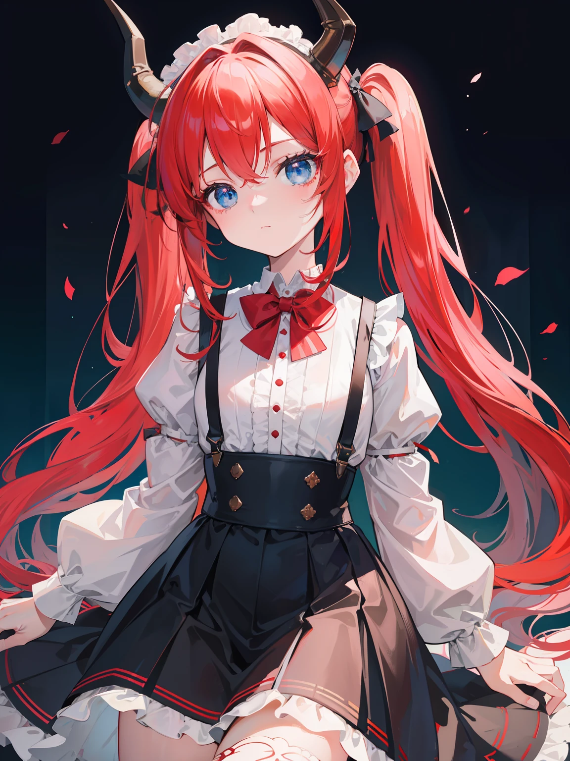 {{best quality}}, {{masterpiece}}, {{ultra-detailed}}, {illustration}, {detailed light}, red hair,blue eyes,twintails,lolita,Suspenders skirt,Fantastic,loli,solo,Dragon horns,little girl,long hair