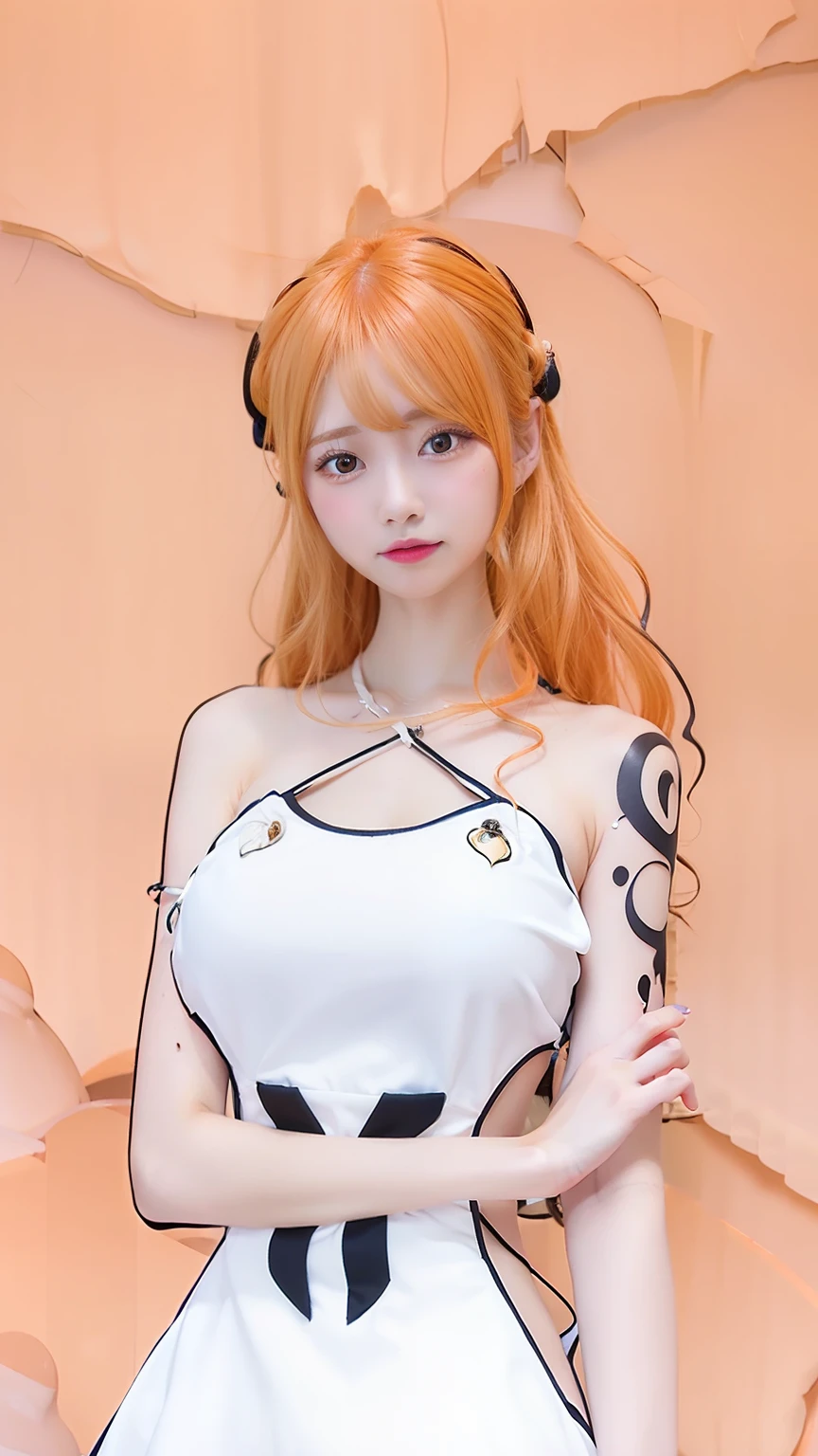 1 girl, nami one piece, dress white, long hair, Orange hair, realistic, ultra detail, 70mm lens