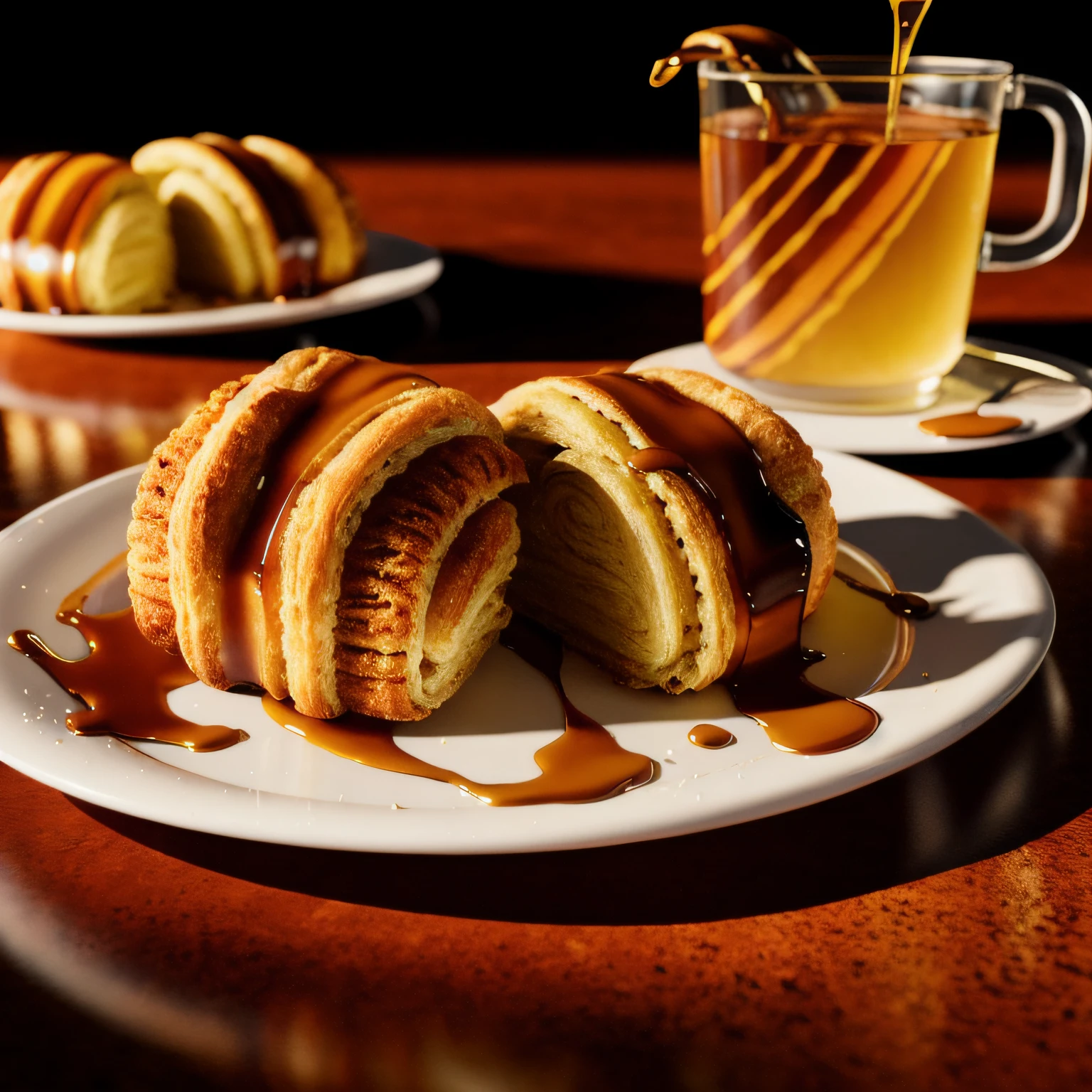 masterpiece,best quality,ultra high res, 8k uhd, dslr, high quality,(photorealistic:1.4), cinematic lighting, HDR,Food, realistic pastries, drizzled with honey,(LIQUID SPLASH:1.2) ,motion design,C4D,rendering,light and shadow,