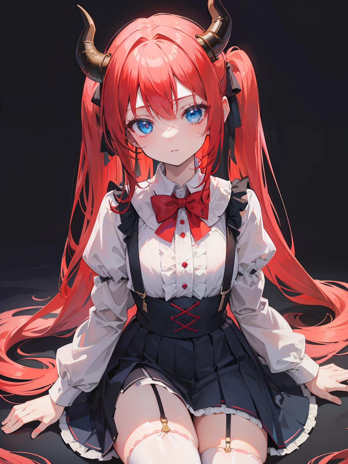 {{best quality}}, {{masterpiece}}, {{ultra-detailed}}, {illustration}, {detailed light}, red hair,blue eyes,twintails,lolita,Suspenders skirt,Fantastic,loli,solo,Dragon horns,little girl,long hair