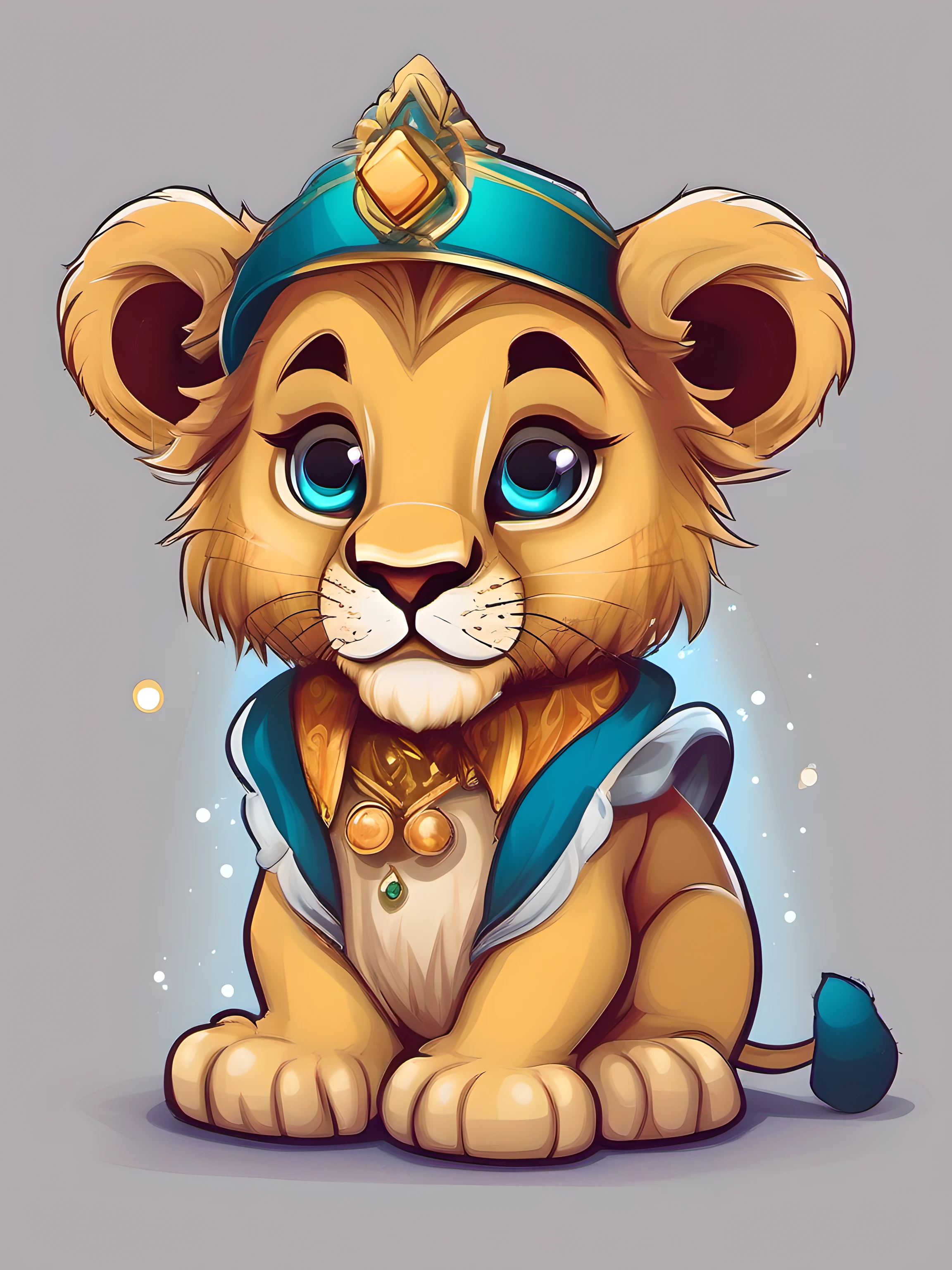 Illustration of cute baby lion, cute character, magic, fantasy, clear background, t-shirt design, vector art