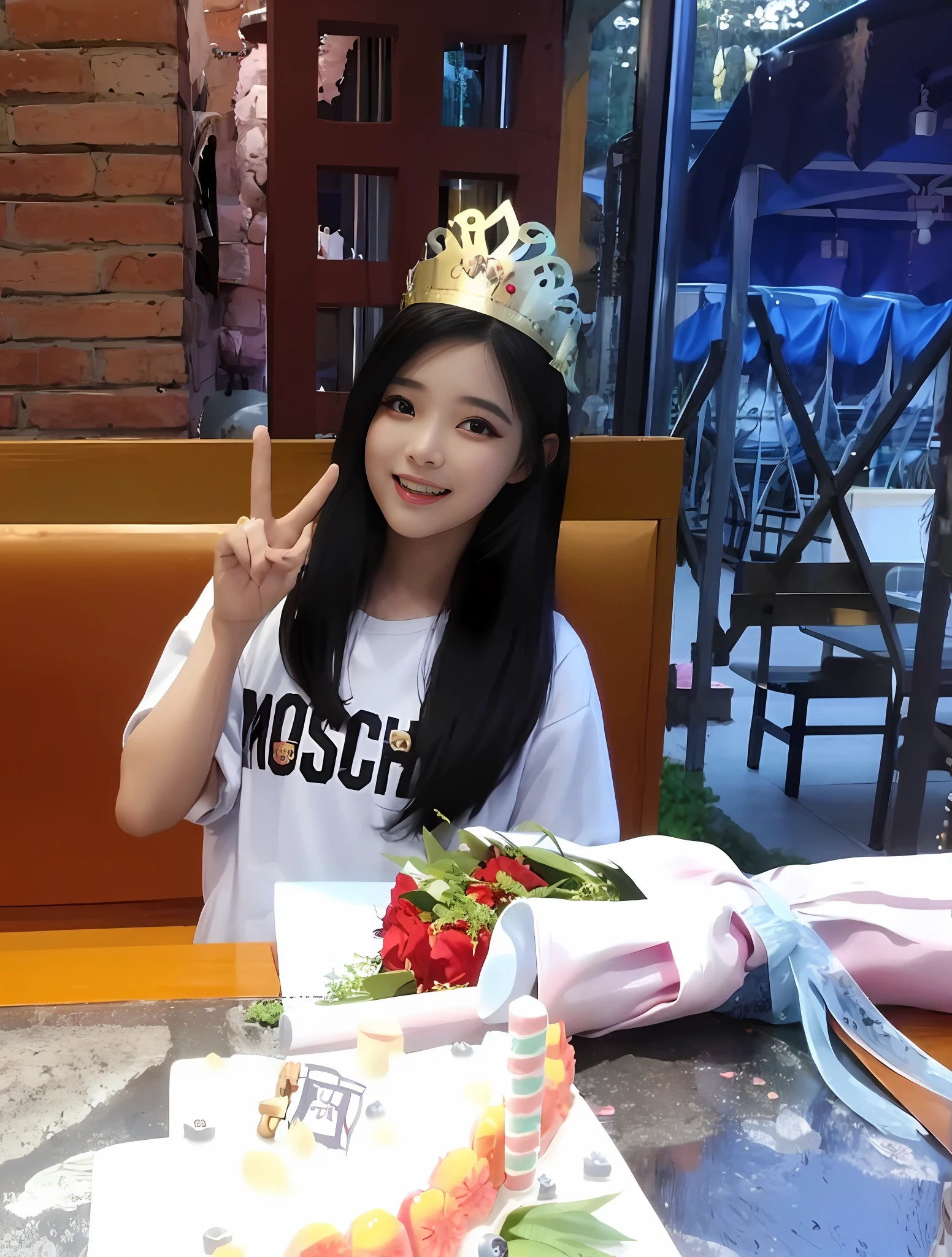 There was a woman sitting at the table,On his head is a cake and a crown, with crown, tzuyu from twice, Ruan cute vtuber, Shin Jinying, xintong chen, jossi of blackpink, ulzzangs, jaeyeon nam, With a crown, wearing a paper crown, she is about 1 6 years old, wan adorable korean face,Delicate face,Clear hand movements,pretty eyes