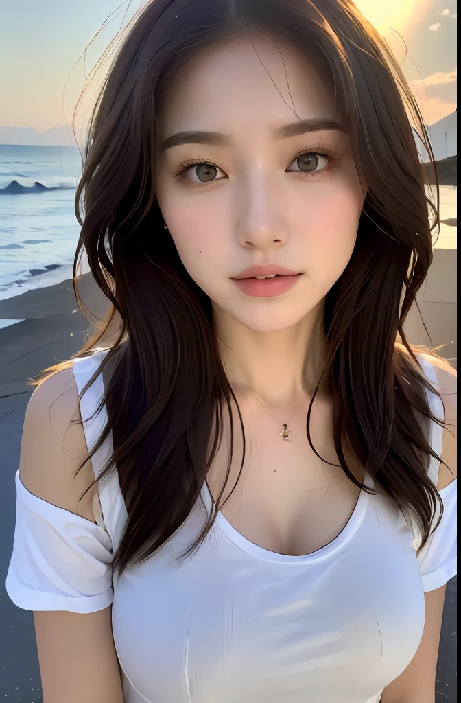 （1girll:1.3）,brown  hair, (8K, Best quality, tmasterpiece:1.2), (Realistic, photo-realistic:1.37), ultra - detailed, adolable, 独奏, cute Japan woman，By bangs, curlies, Long hair, pony tails,Beautiful and delicate eyes,Super fine face and eyes，vests， sea beach，and the sun was shining brightly,Beautiful detailed sky