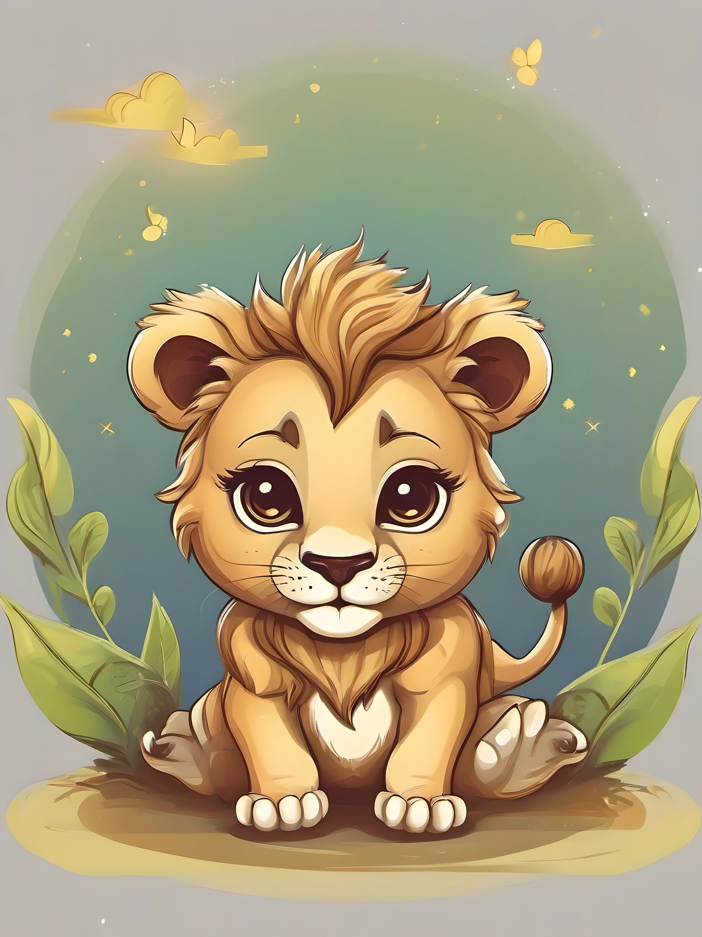 Illustration of cute baby lion, cute character, magic, fantasy, clear background, t-shirt design, vector art