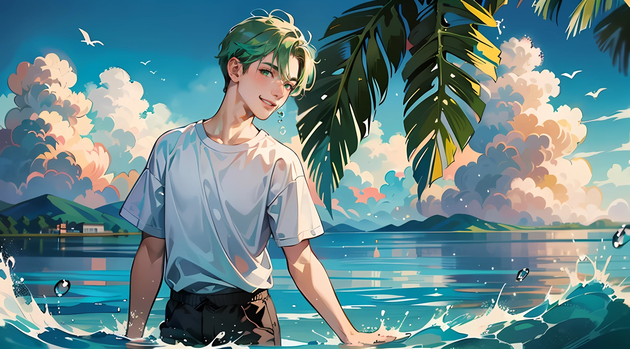 ((masutepiece:1.4, Best Quality)),((masutepiece, Best Quality)),17-year-old boy standing on the surface of the water emitting beautiful things,short green hair,Green eyes,T-shirt without pattern, Short brown pants,blush,Happy smile,Blue sky,Horizon, Splash, Water droplets,Lens Flare,Wind,Magnificent view,(chromatic abberation:1.3),Dynamic Angle,bird flocks,Cowboy Shot,Looking at Viewer
