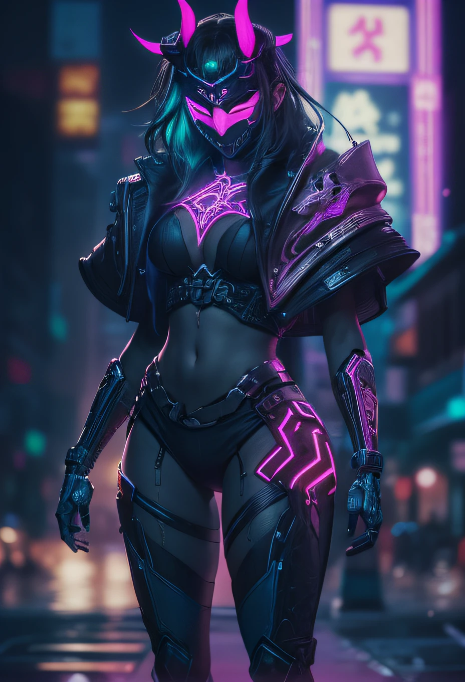 "Photorealistic Images: {In the shimmering, neon-soaked streets, an oni-masked woman stands defiantly. Her mask's vibrant hues contrast starkly with her sleek black cybernetic limbs. Intricate circuits and patterns trace her skin, glowing synchronously with her mask. Striking a dynamic pose, she unveils her enhanced arm, revealing a retractable blade gleaming under the neon}, Cyberpunk Oni, Neon City Nightscape, Cyberpunk-meets-Samurai, (Neon blue and magenta lighting:1.3), (sharp focus:1.25), (8K:1.2). Environment: Rainy cyberpunk city street with holographic adverts. Full body shot capturing her dynamic posture."