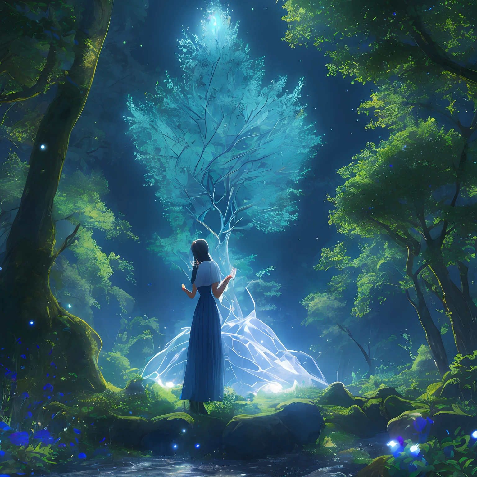 The whole body of a giant crystal tree、Glitter fruits、very detailed and magical lighting、Details of the complex forest、Vegetation and rivers、Solarpunk、landscapes、massive trees、Beautiful blue with beautiful lighting and realistic proportions々with  the、It's like a movie background、8K、top-quality、​masterpiece、Who is on、stars on sky、kirakira、Beautiful woman praying on earth、