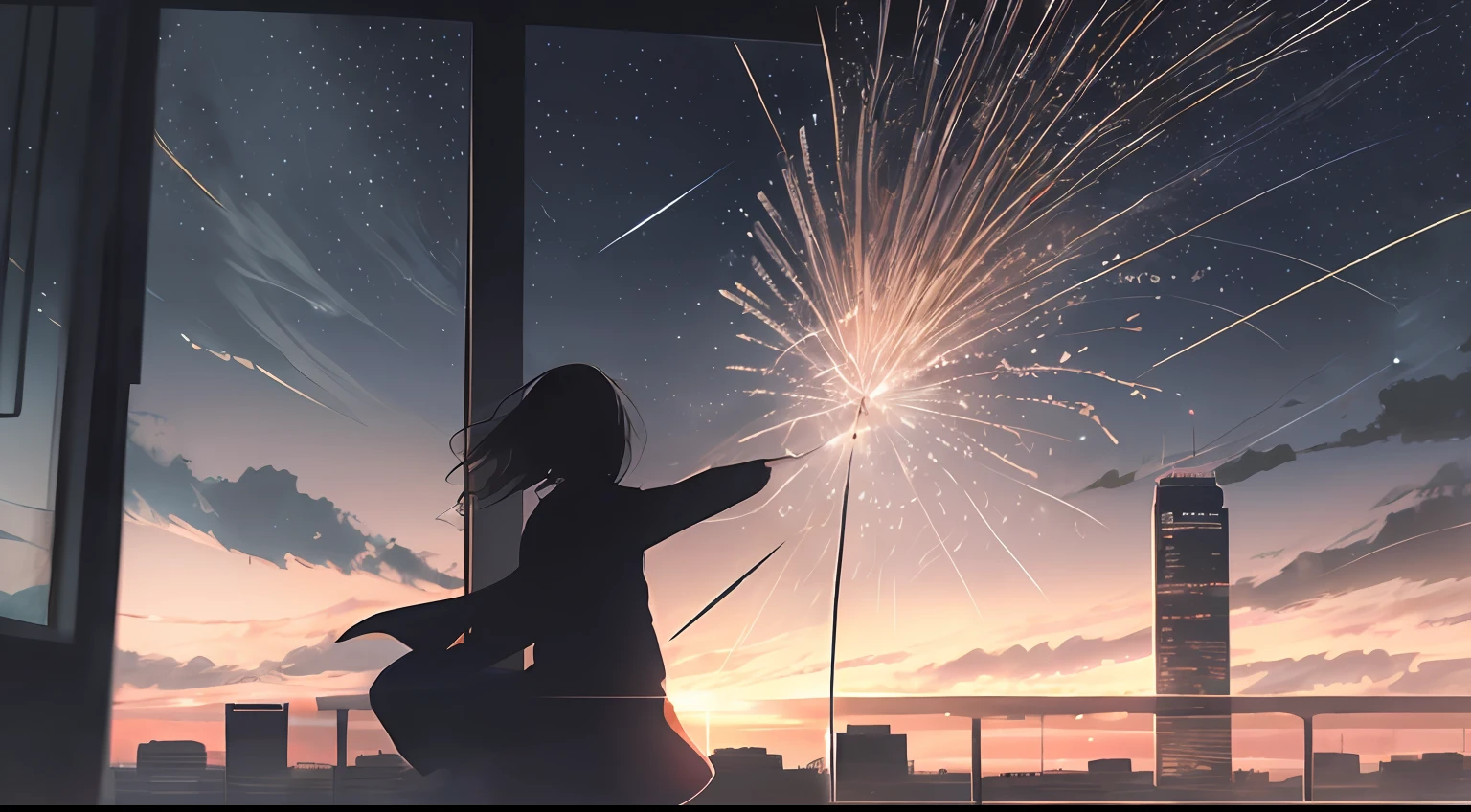 animesque,,1girl in, sparklers(Skysky), ​​clouds, Cityscape, buliding, 城市, plein air, skyscraper, city light, natta, nigh sky, sunset, sky line