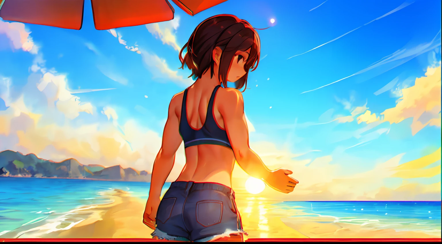 1girl in, plein air, Sportsbra, shortpants, suns, during the day、The morning sun shines、the beach、posterior view