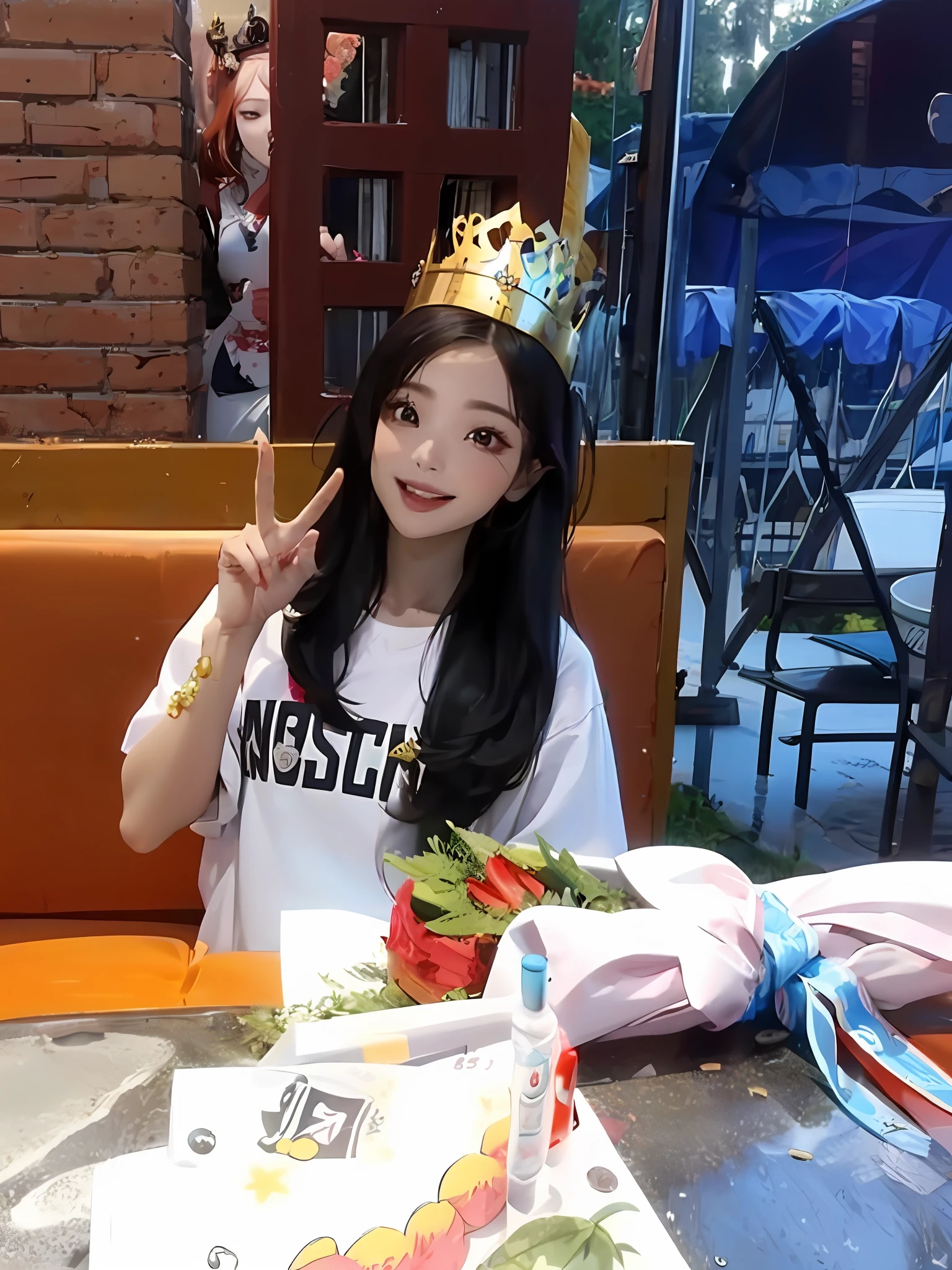 There was a woman sitting at the table,On his head are cakes and crowns, with crown, tzuyu from twice, Ruan cute vtuber, Shin Jinying, xintong chen, jossi of blackpink, ulzzangs, jaeyeon nam, With a crown, wearing a paper crown, she is about 1 6 years old, wan adorable korean face,Hand detail,Eye details,detail in face