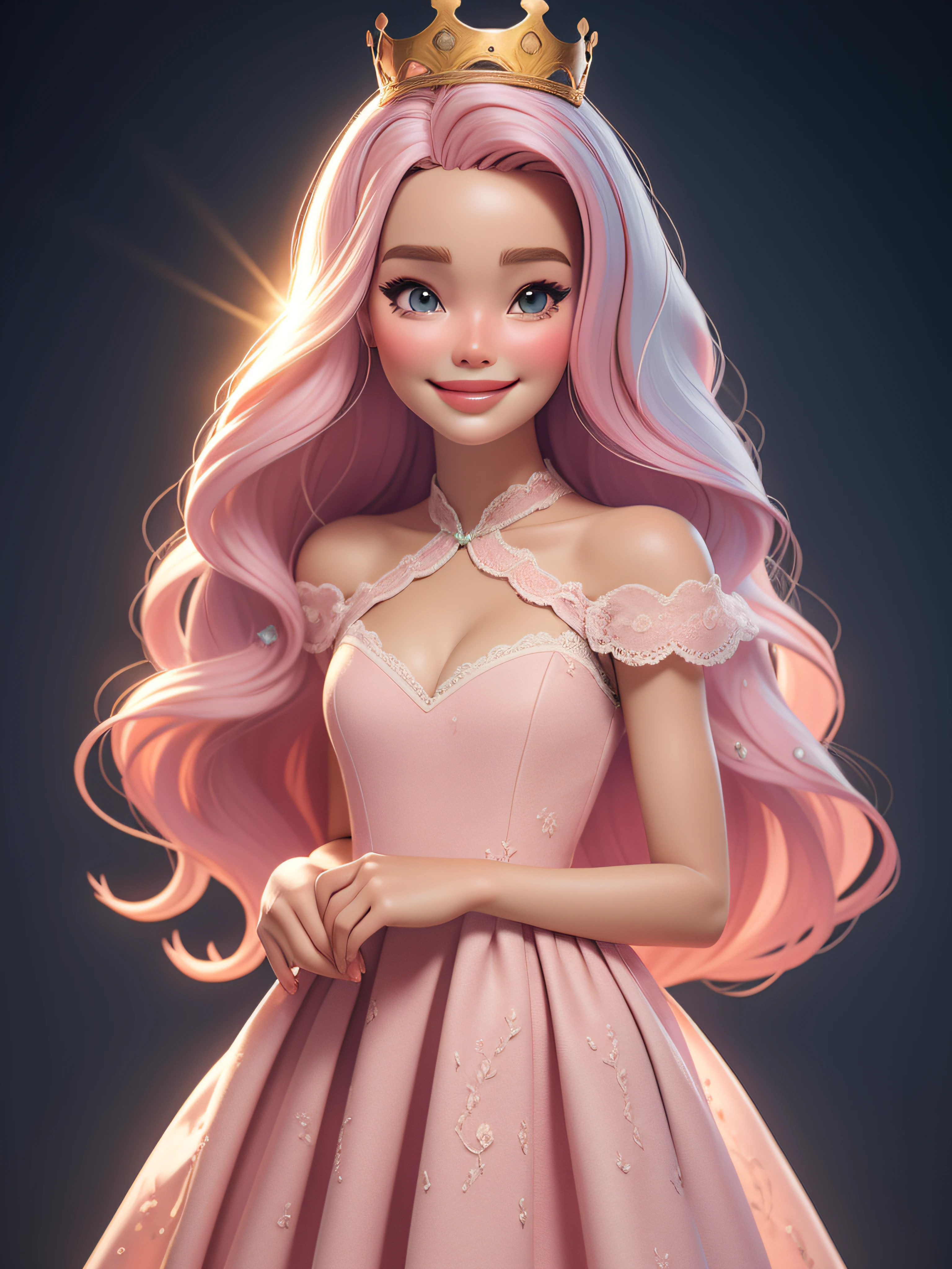 dynamic lighting, A Barbie princess wearing a lovely pink dress, wearing a beautiful crown, In the pink fairy castle, pink hair, (cute:1.3), (pale skin:1.1), (soft smiling:1.1), detailed face, detailed skin texture, sun ray, by ilya kuvshinov, nina masic, natural lighting, subsurface scattering, ornate, ((cowboy shot)), atmospheric perspective, retina, textured skin, anatomically correct, best quality, award winning