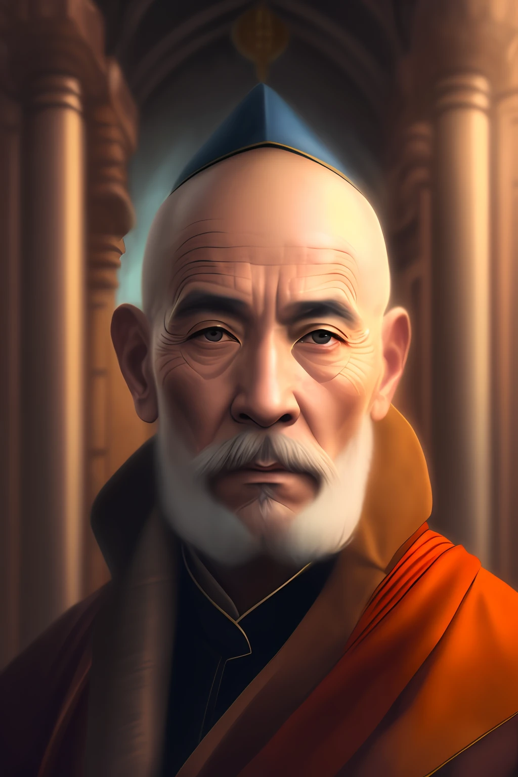 a close up of a man with a beard and a hat, portrait of monk, concept art of a monk, 2 1 st century monk, inspired by Cao Zhibai, riichi ueshiba, portrait of hide the pain harold, inspired by Kaigetsudō Anchi, inspired by Lü Ji, old jedi master, monk, buddhist monk