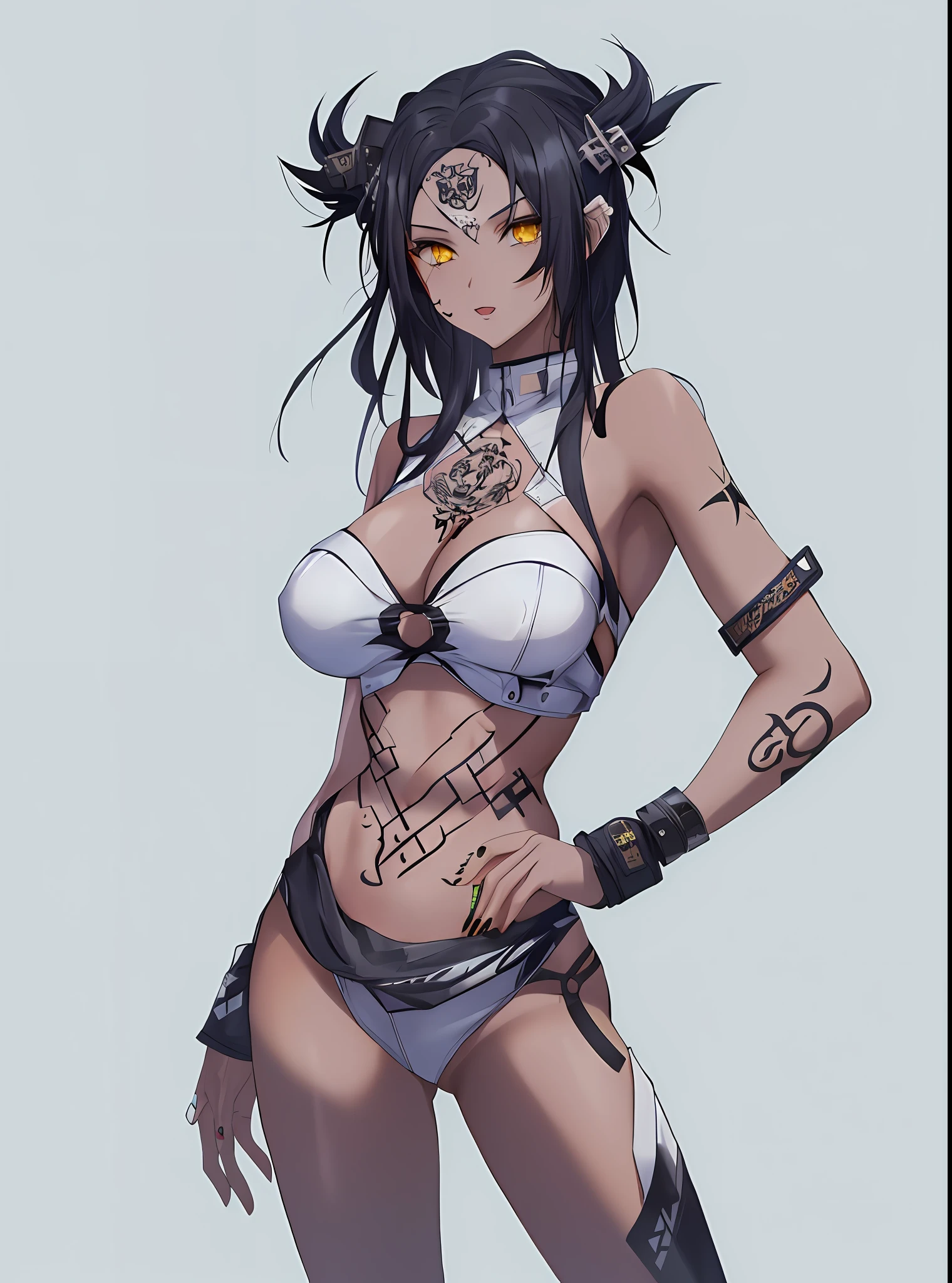 young woman, black hair, white outfit, yellow eyes, tattoed body
