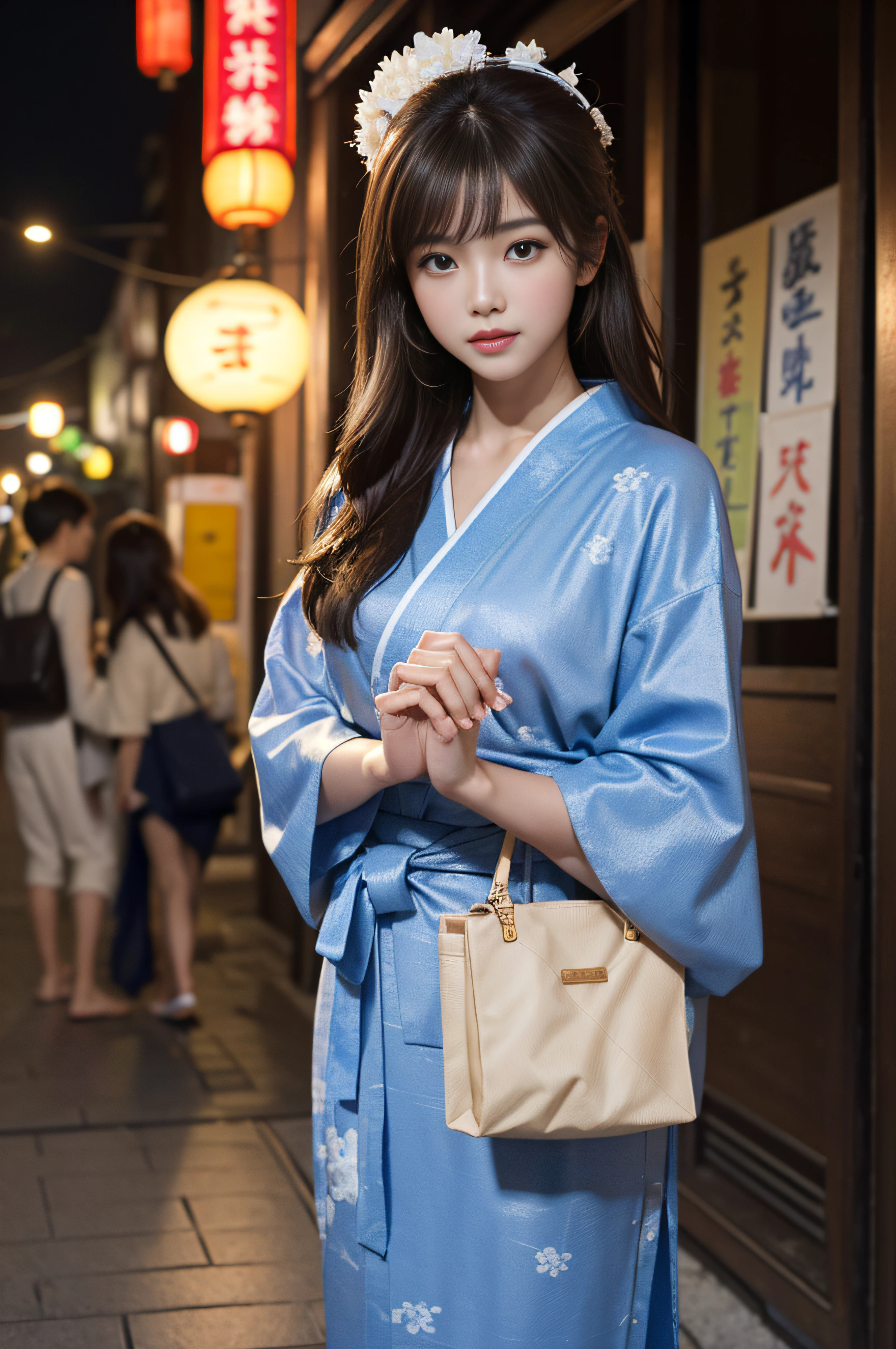 (8K、top-quality、masterpies:1.2)、Cinematic lighting、Brown hair、Hair collection、26-year-old beauty with half-Chinese Japan wearing a yukata with a beautiful pattern、walk、1girl in、Streets of Tokyo、Summer evening、A city scape、Brown hair that looks good in a yukata、F1.8、The upper part of the body、a closeup、8K、Raw photography、top-quality、masterpiece、realisitic、Photorealsitic、