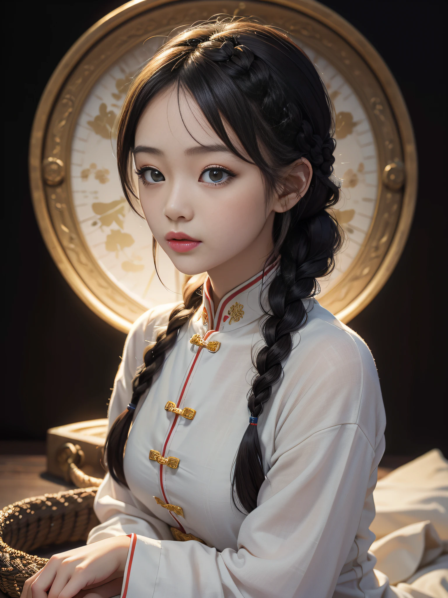 Chinese big-eyed girl,Pretty girl, Light cute braid, Cute, Clear face, Black background, Realistic photo, Dreamy, Romantic, Soft light, Natural light, Clear detail, Middle and far angles --ar 9:16 --q 5 --v 5