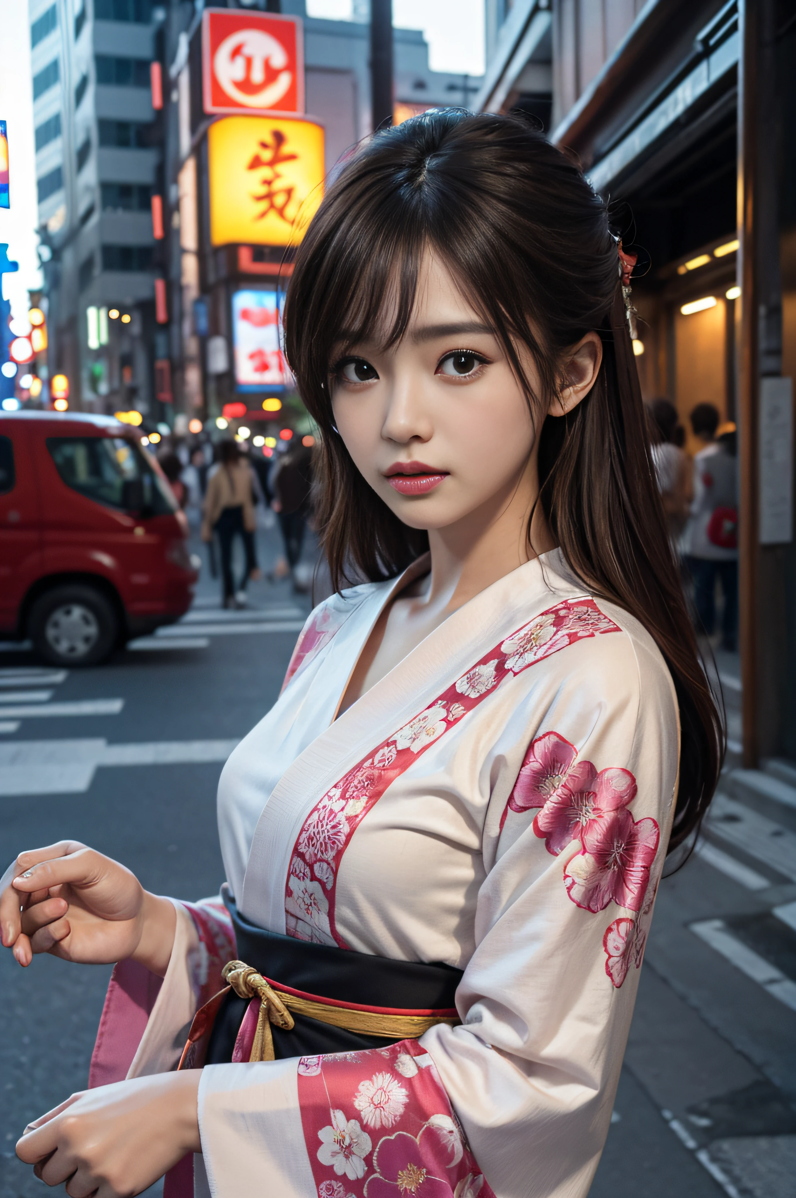(8K、top-quality、masterpies:1.2)、Cinematic lighting、Brown hair、Hair collection、26-year-old beauty with half-Chinese Japan wearing a yukata with a beautiful pattern、walk、1girl in、Streets of Tokyo、Summer evening、A city scape、Brown hair that looks good in a yukata、F1.8、The upper part of the body、a closeup、8K、Raw photography、top-quality、masterpiece、realisitic、Photorealsitic、