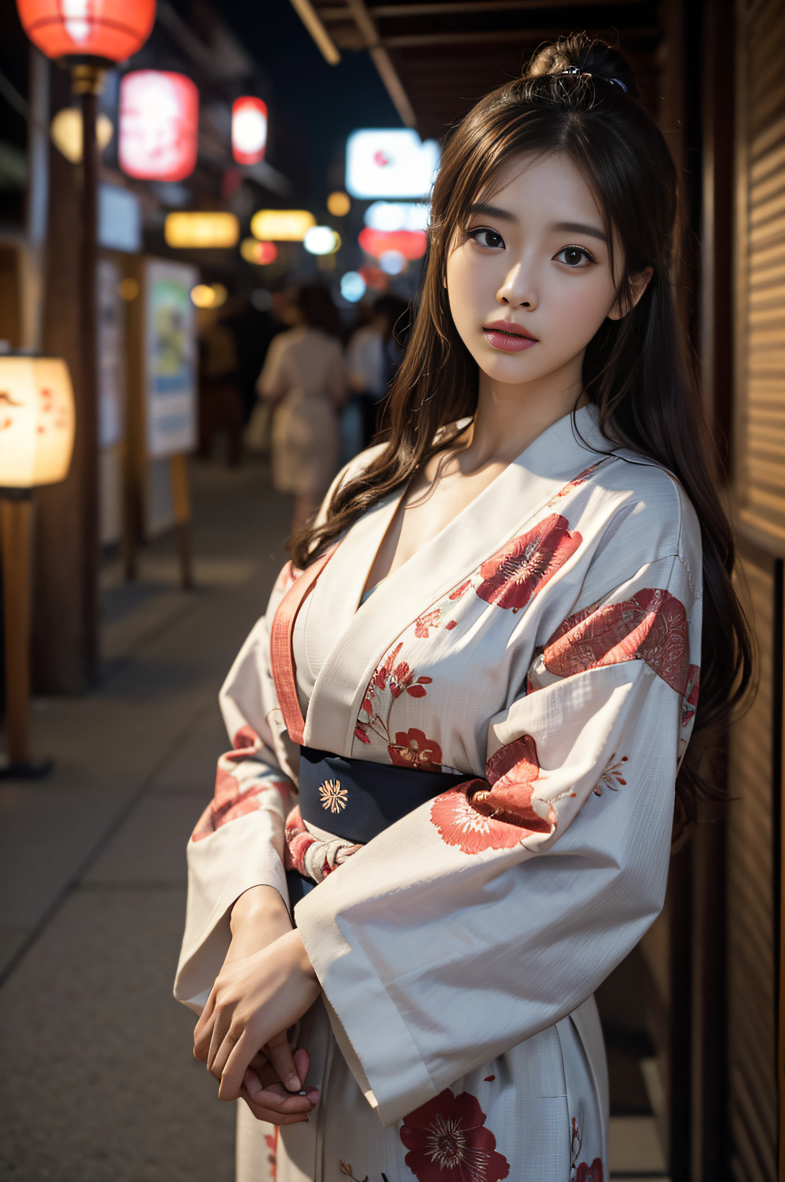 (8K、top-quality、masterpies:1.2)、Cinematic lighting、Brown hair、Hair collection、26-year-old beauty with half-Chinese Japan wearing a yukata with a beautiful pattern、walk、1girl in、Streets of Tokyo、Summer evening、A city scape、Brown hair that looks good in a yukata、F1.8、The upper part of the body、a closeup、8K、Raw photography、top-quality、masterpiece、realisitic、Photorealsitic、