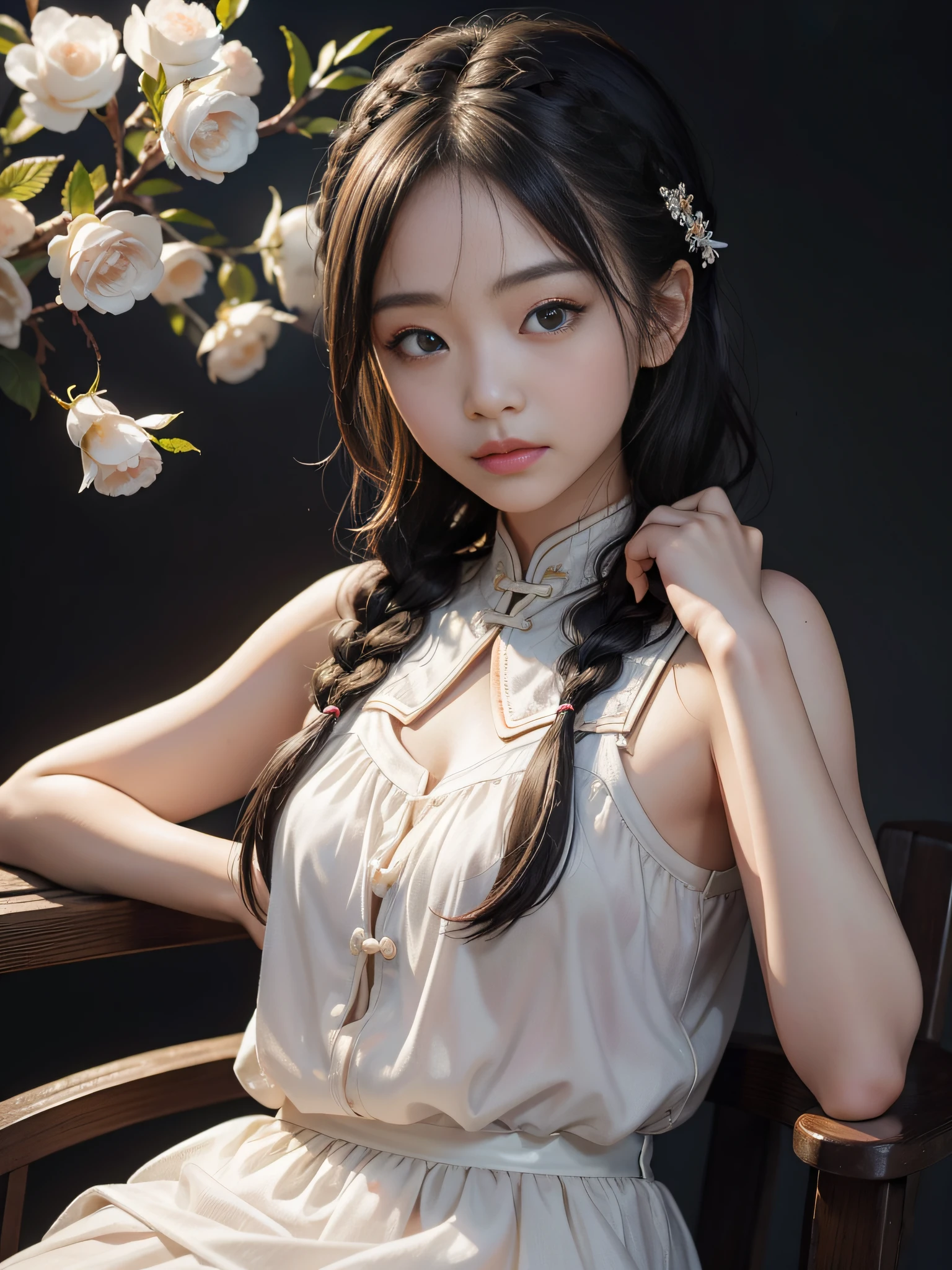 Chinese big-eyed girl，Pretty girl, Light cute braid, Cute, Clear face, Black background, Realistic photo, Dreamy, Romantic, Soft light, Natural light, Clear detail, Middle and far angles --ar 9:16 --q 5 --v 5