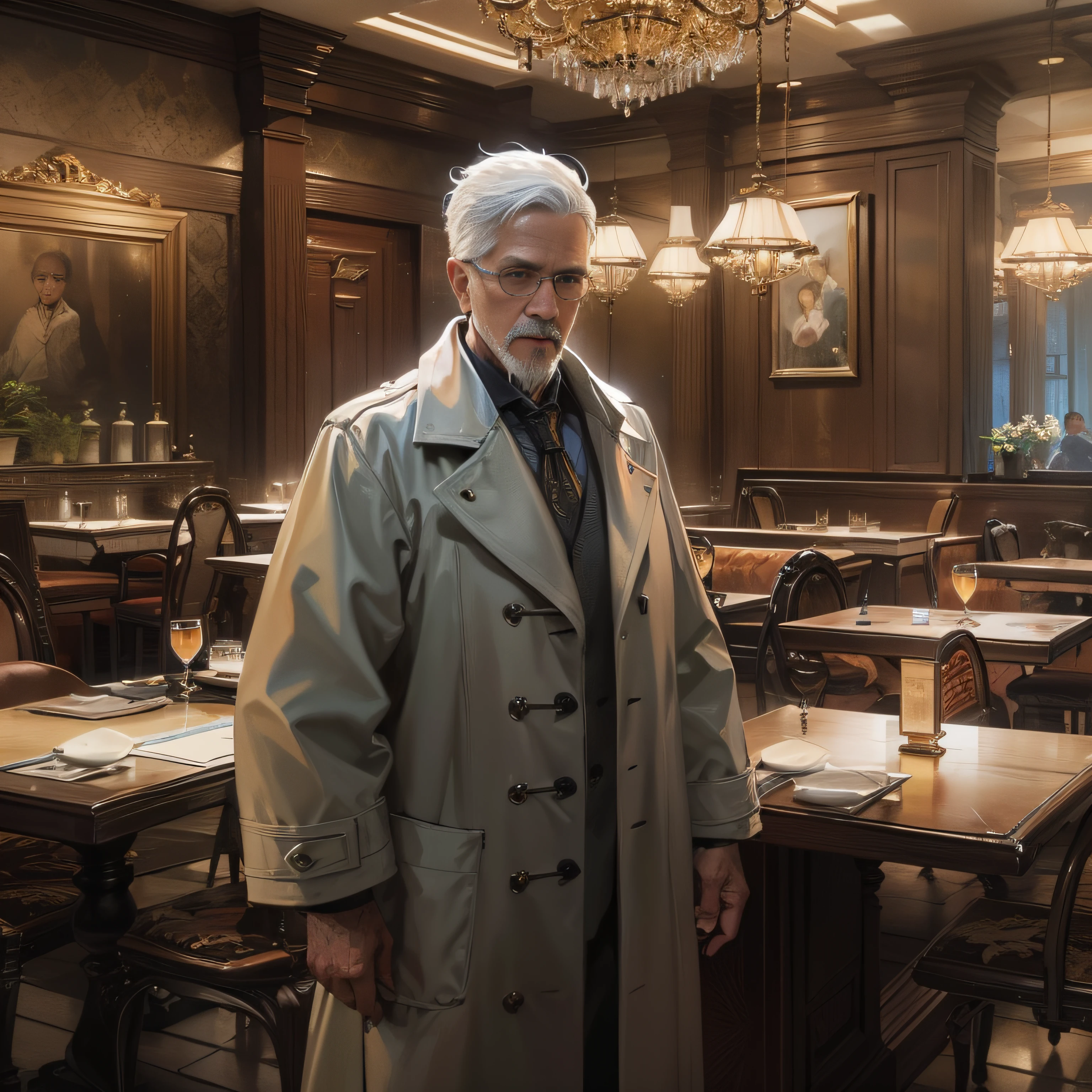 A 66-year-old grandfather with short white hair and a coat,Kind expression,Bend over respectfully,Upper body display,Inside the restaurant lobby,grand master,tmasterpiece,8k wallpaper,CG,Ultra-high image quality,light and shadow effect
