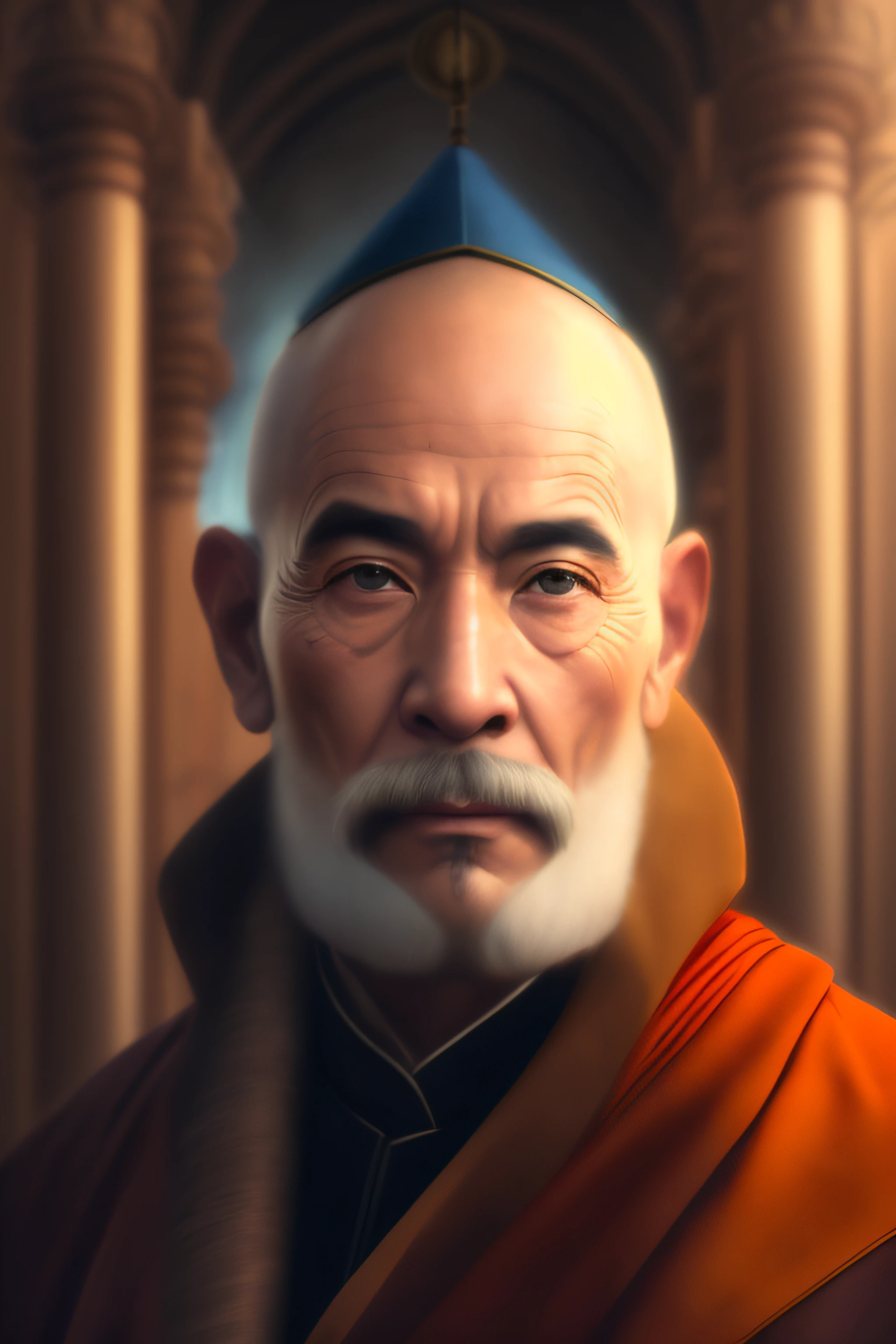a close up of a man with a beard and a hat, portrait of monk, concept art of a monk, 2 1 st century monk, inspired by Cao Zhibai, riichi ueshiba, portrait of hide the pain harold, inspired by Kaigetsudō Anchi, inspired by Lü Ji, old jedi master, monk, buddhist monk
