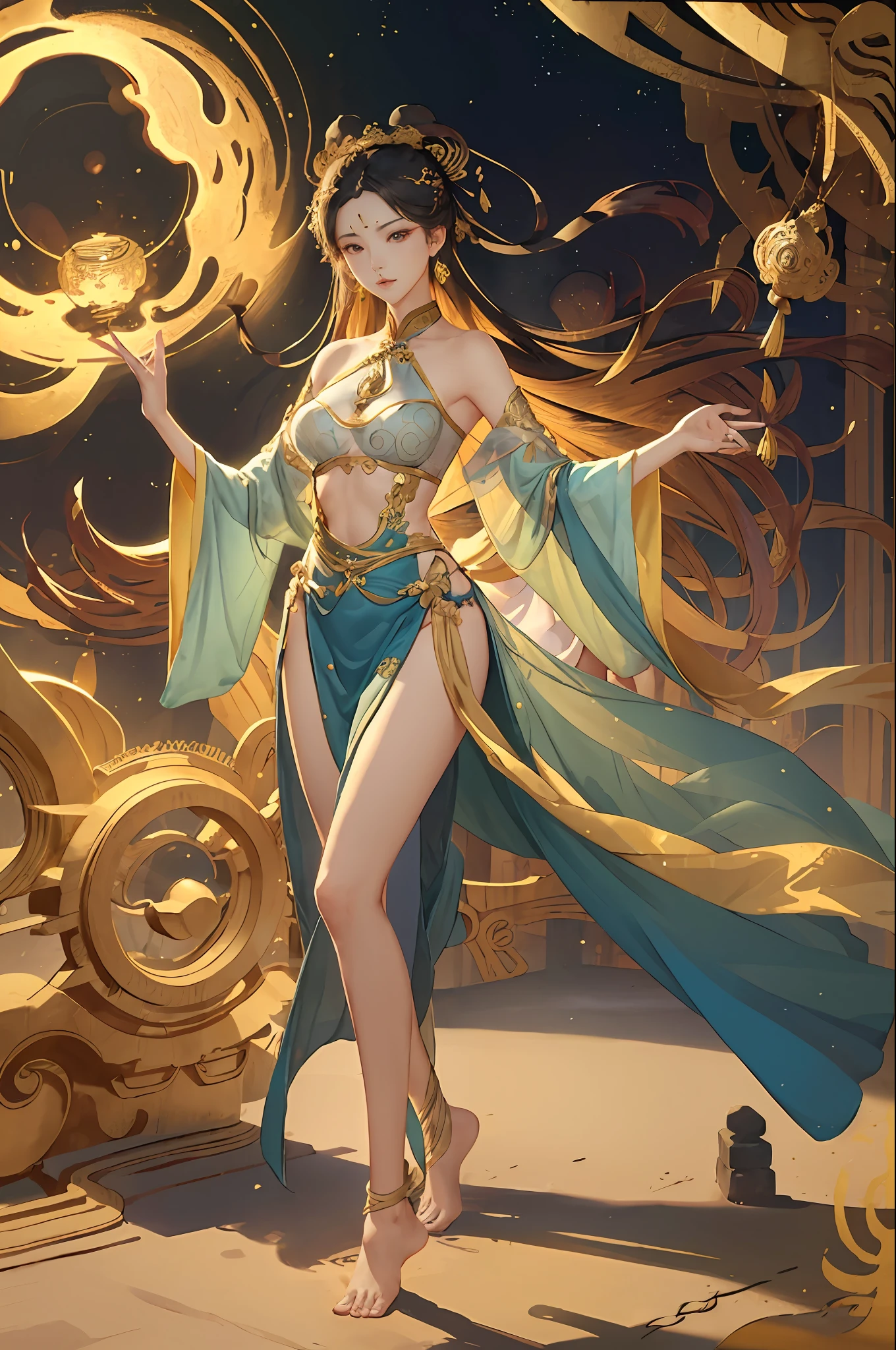 8K raw photo, Best quality, masterpiece, ultra high res, (zentangle, mandala, tangle, entangle),colorful,(photorealistic:1.4), raw photo, 1girl, offshoulder, outdoors,tall female, skinny, slim_legs, solo,(perfect body shape),holy light,gold foil,gold leaf art,glitter drawing,fly high in the sky ,(full body),long hair, (see-through:1.3), ((revealing clothes)), ((barefoot)), medium breasts, earrings, ((dress)), no bra, ((bare shoulders)), very long hair, no panties, black hair, ((detached sleeves)), ((side slit)), bare, dunhuang_cloths,dunhuang_dress,traditional chinese hair style,Traditional Chinese hair ornament,cinema,Fei Tian Ji ,Propitious Clouds,chang'e, paradox,pure,soft smile,illustration,barefoot,(pelvic curtain),playful patterns, lively texture,