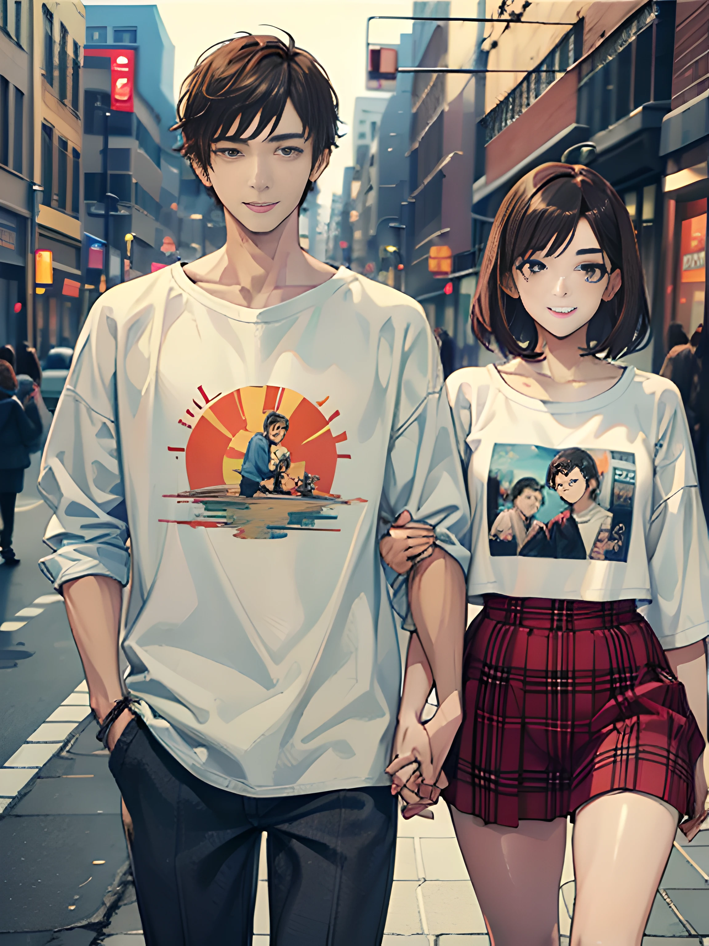 masterpiece, best quality, 2others, couple, 1man with 1woman, mature, adult, Height difference, different fashion, different color, finely detailed eyes and detailed face, intricate details, casual clothes, oversized shirt, modern urban street, holding hands, smile, happy, love