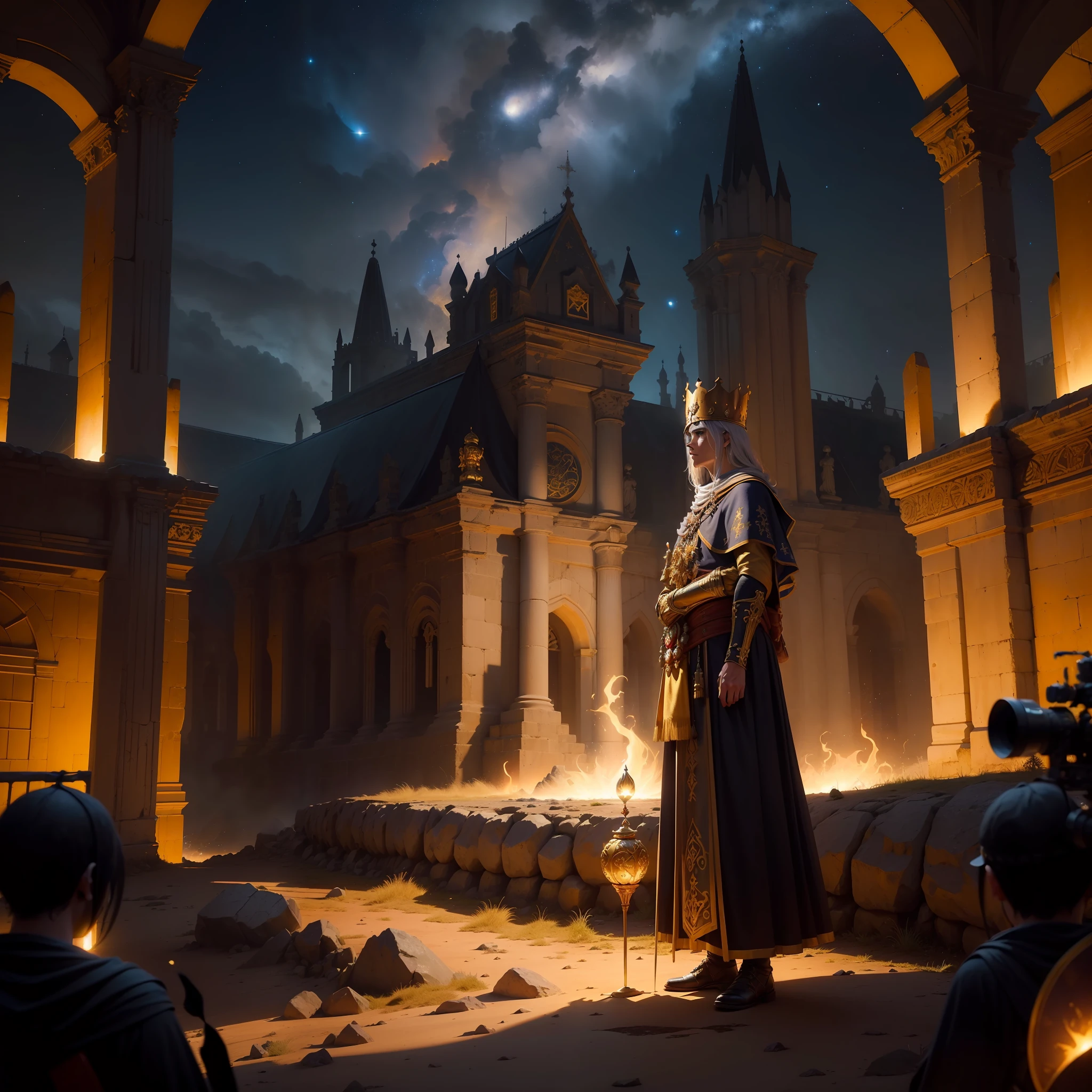 (Ruinas de um templo antigo, Medieval times), (night  sky, cosmos, sol ao fundo), (um rei com mochila, de costas, obsedvando a cena, golden crown on his head,  emanando sua aura), (imagem realista, cinematografic, ultra-detalhado, 8k, full hd