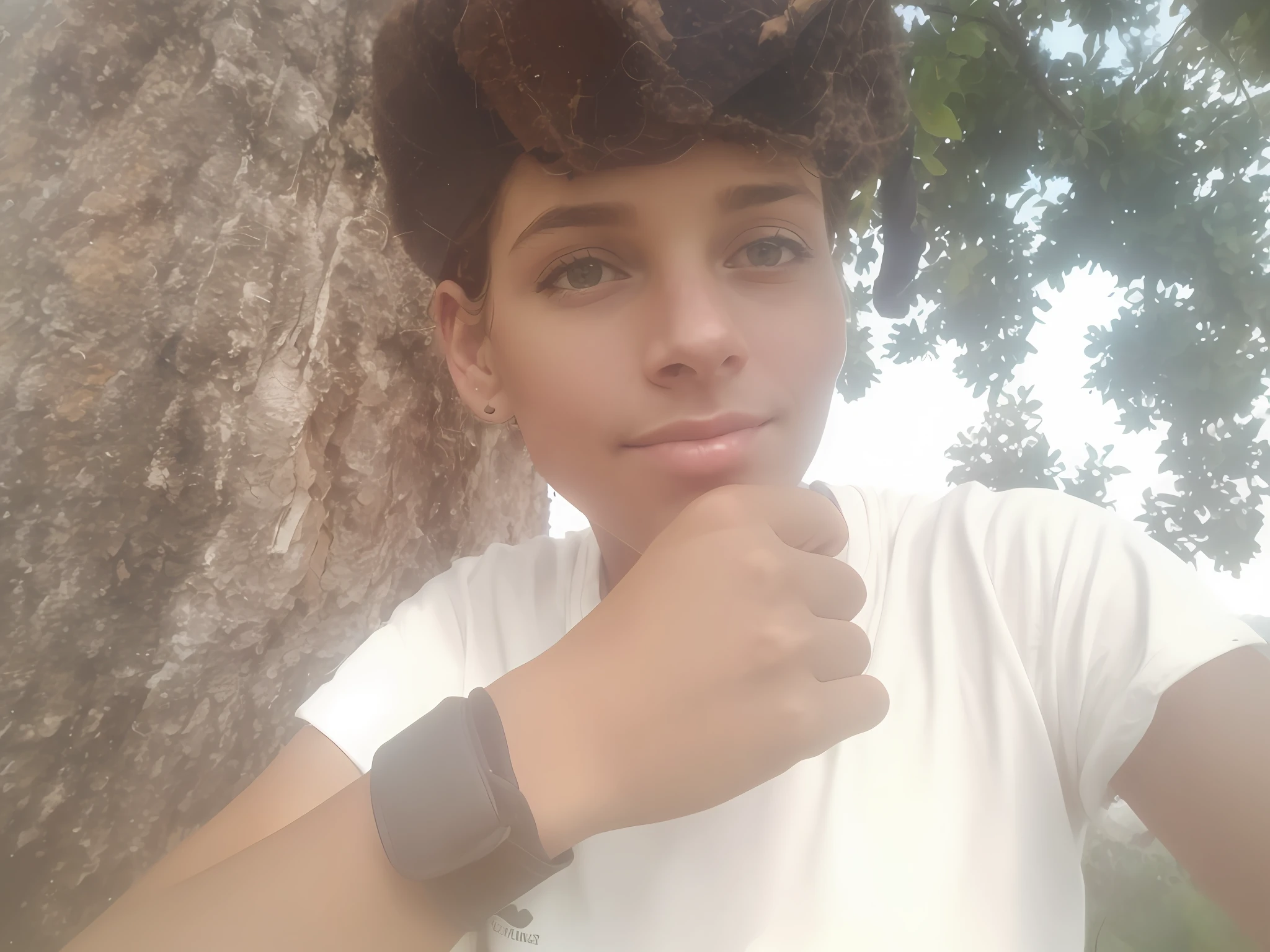 1 woman((upper body selfie, happy)), masterpiece, best quality, ultra-detailed, solo, outdoors, (night), mountains, nature, (stars, moon) cheerful, happy, backpack, sleeping bag, camping stove, water bottle, mountain boots, gloves, sweater, hat, flashlight, forest, rocks, river, wood, smoke, shadows, contrast, clear sky, analog style (look at viewer:1.2) (skin texture) (film grain:1.3), (warm hue, warm tone) :1.2), close up, cinematic light, sidelighting, ultra high res, best shadow, RAW, upper body, wearing pullover