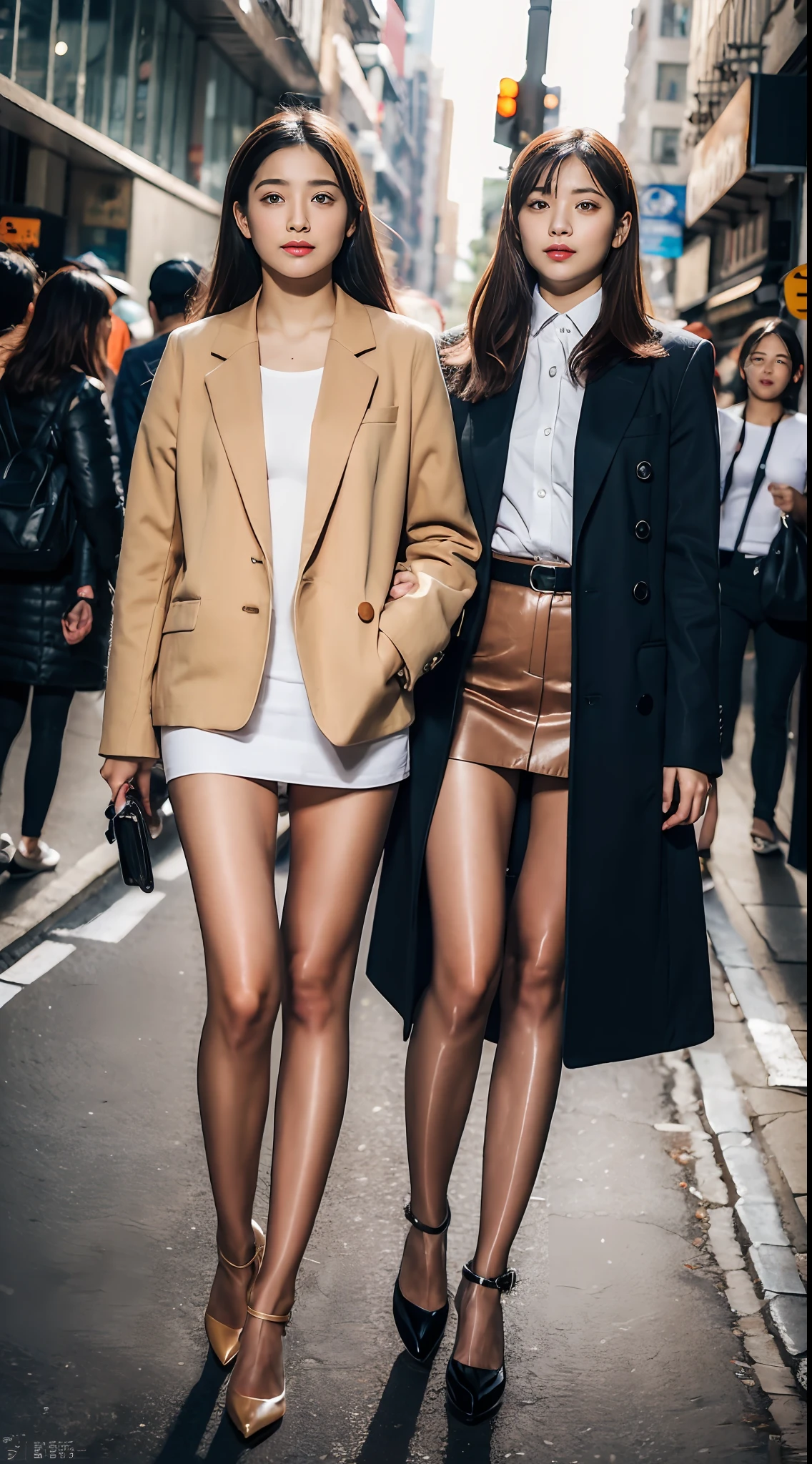 ,(RAW photo:1.2), (Photorealistic:1.4), Street photography,Beautiful Meticulous Girl, very detailed eyes and faces, Beautiful detailed eyes, ultra - detailed, A high resolution, The is very detailed,best qualtiy,2 girls,tmasterpiece,Stylish clothes,a skirt,illustratio,The is very detailed,unified,8k 壁纸,finely detailled,tmasterpiece,best qualtiy,Unity8k wallpapers,light in face,cinmatic lighting, 3个女孩, Continuous forward, old,(Camel toes),(full bodyesbian),are standing,鎖骨,Stylish clothes,Long legs,high-heels,the street,城市