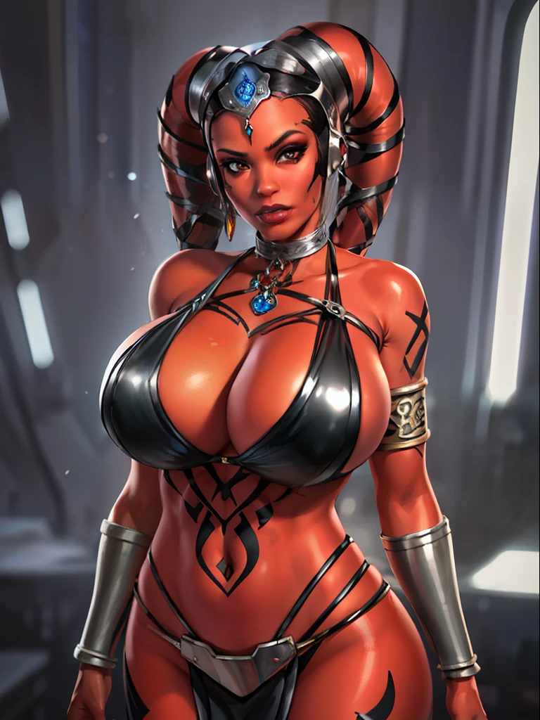 (best quality, masterpiece, highly detailed), 1girl, (red skin), sexy busty Twi'lek, (((huge breasts))), cleavage, sharp facial features, silver and black bikini, silver, ornate strapless metal bra, metal lace, gemstones, silver jewelry, long skirts, choker, armlets, pelvic curtain, silks, Star Wars, lekku stripes