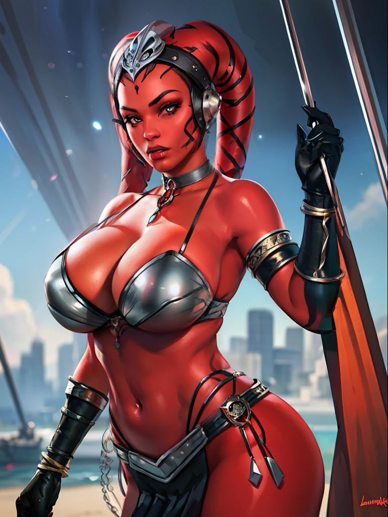 (best quality, masterpiece, highly detailed), 1girl, (red skin), sexy busty Twi'lek, (((huge breasts))), cleavage, sharp facial features, silver and black bikini, silver, ornate strapless metal bra, metal lace, gemstones, silver jewelry, long skirts, choker, armlets, pelvic curtain, silks, Star Wars, lekku stripes