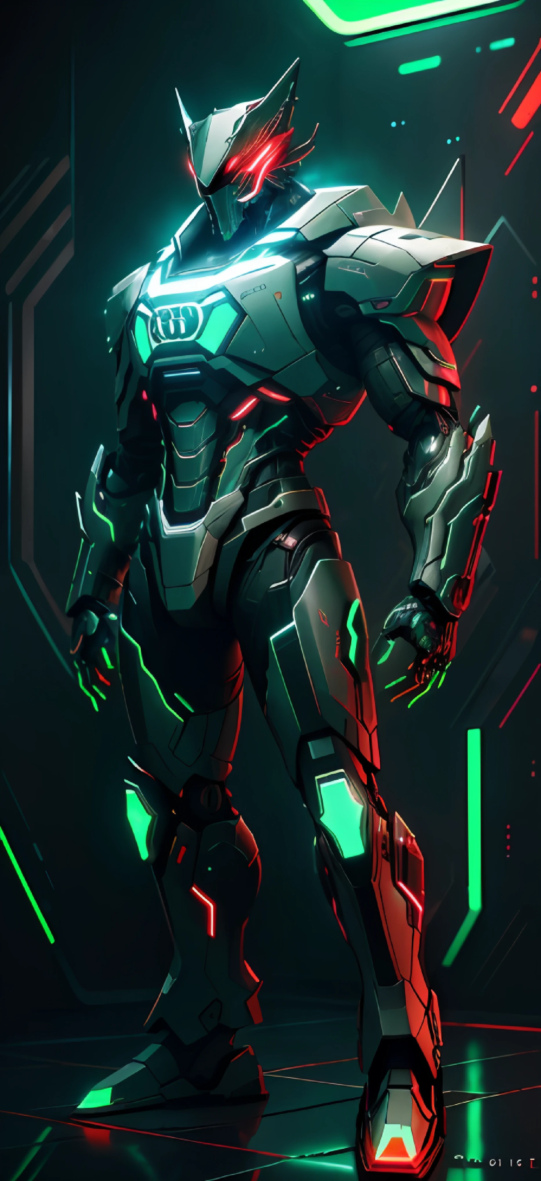 realistic,shiny,reflective,bioluminic, galactic cybernetic mask,mecha,(executioner:1.2),cloak,sh4g0d,GlowingRunes_red,full body,cinemnatic, red scheme background,backlight,high contrast, futuristic, high technology, ((green neon light)), ((audi logo on body)), (silver armor),
