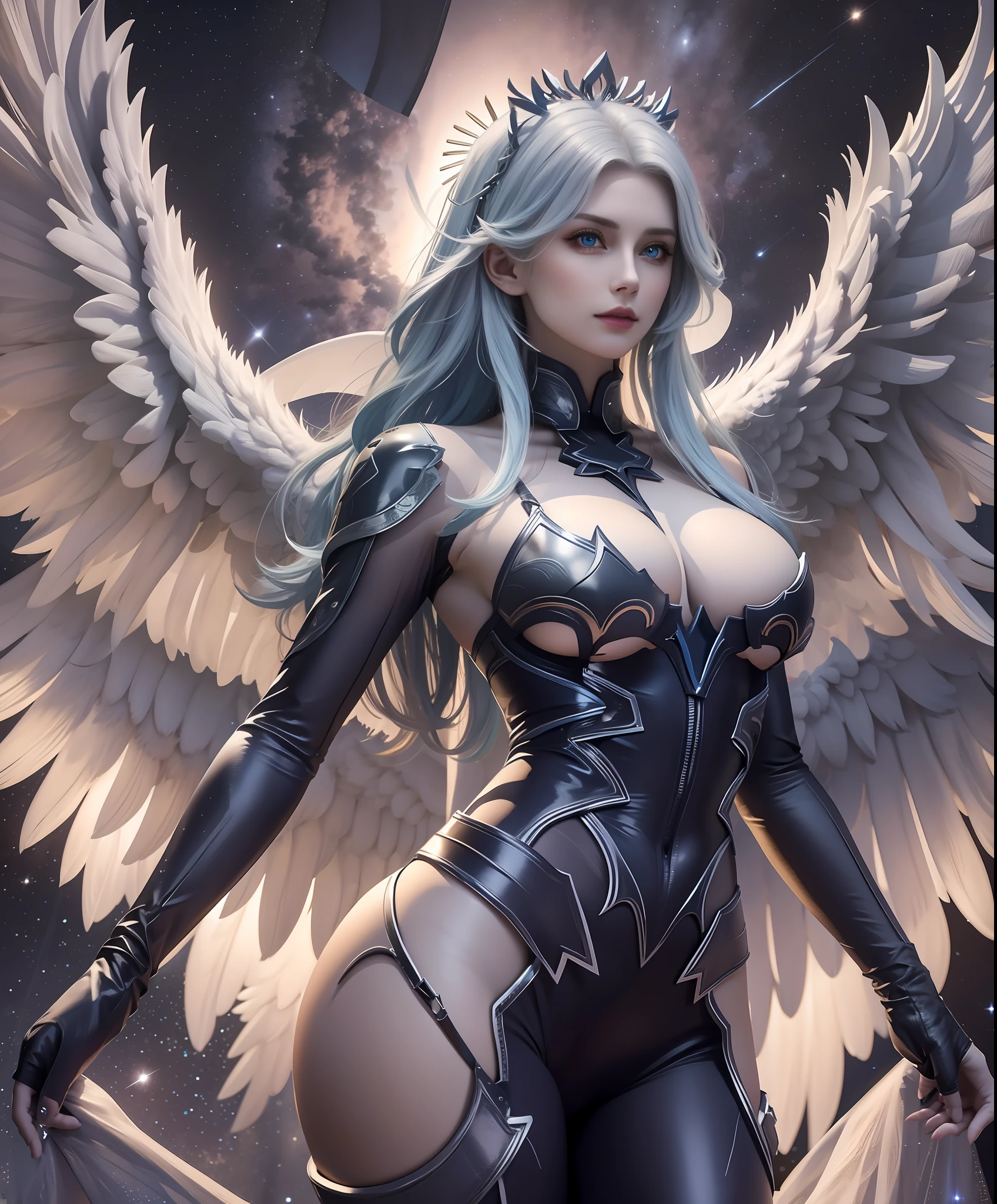 Realistic professional photos with super detail,full-shot,full bodyesbian,Straight lens,one-girl,Blue hair,eBlue eyes,long whitr hair,big round breasts,afloat,posing on a,Stand sideways,Rounded ass,Straight ass,power pose,The halo,Angel wings,Arrogant eyes,Looking into the distance,Stand under the stars,The attention to detail,The background is a comet and a nebula,light stre,cinmatic lighting,Side lighting,Dark and detailed galactic background,8K, 4K, (k hd: 1.1), best qualtiy (tmasterpiece: 1.3)