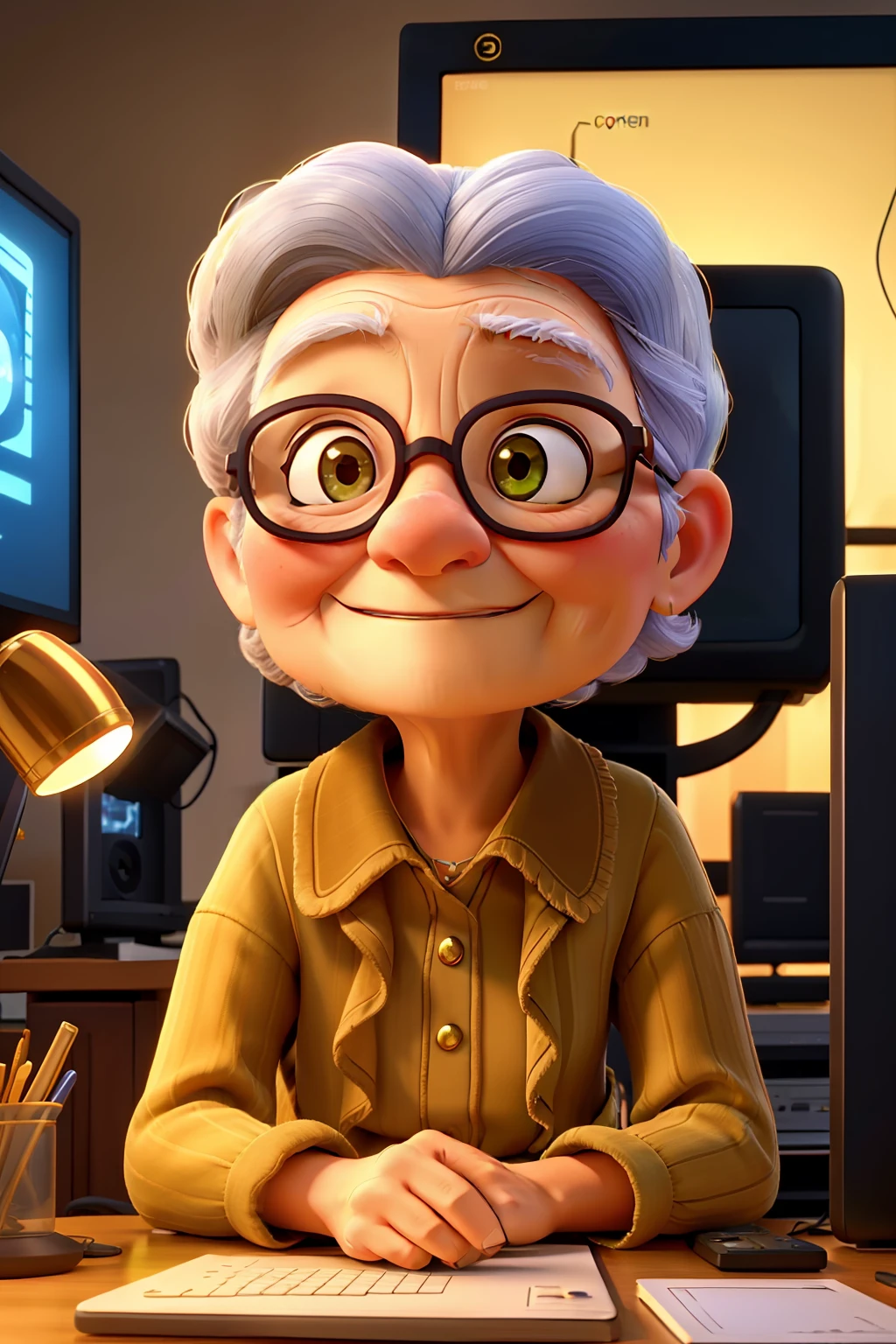 Old lady, With gold wire glasses, Wait in front of the glowing computer screen. Her expression was calm, Show her passion and curiosity for learning.