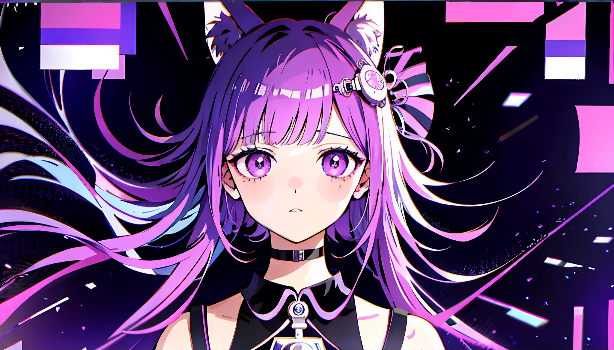 uma ****** com uma orelha de gato e um fundo roxo, Arte digital de Danganronpa, gato anime, Anime cyberpunk moderno, Anime Cyberpunk, Chiaki Nanami, Danganronpa, 8 0 s estilo de arte anime, Nekomimi, arte cyberpunk anime, [ estilo de arte synthwave ]!! ]!!, anime moe artstyle