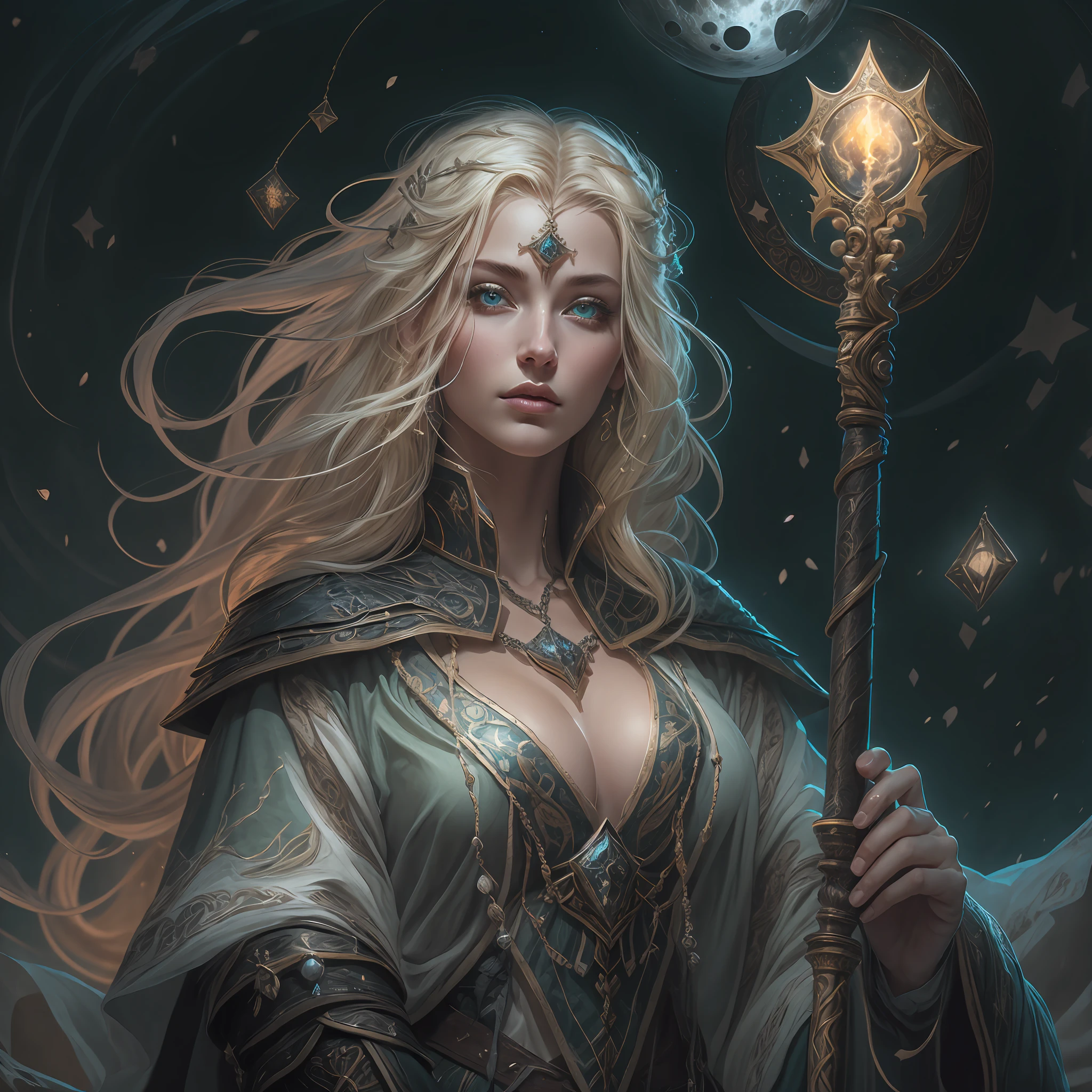 high details, best quality, 8k, [ultra detailed], masterpiece, best quality, (extremely detailed), dynamic angle, ultra wide shot, photorealistic, fantasy art, dnd art, rpg art, realistic art, an ultra wide picture of female human cleric, holding a spear, wearing black cloak, black robe with stars sigils (1.5 intricate details, Masterpiece, best quality), holy symbol casting a spell, white magical sigils (1.5 intricate details, Masterpiece, best quality), wearing black armor, plate mail armor, stars and moon symbol, blue light from symbol, blond hair (1.5 intese details, Masterpiece, best quality), long hair, braided hair, small, intense eyes, green eyes, moon and strars background, ((divine worship atmosphere)), moon light high details, best quality, highres, ultra wide angle