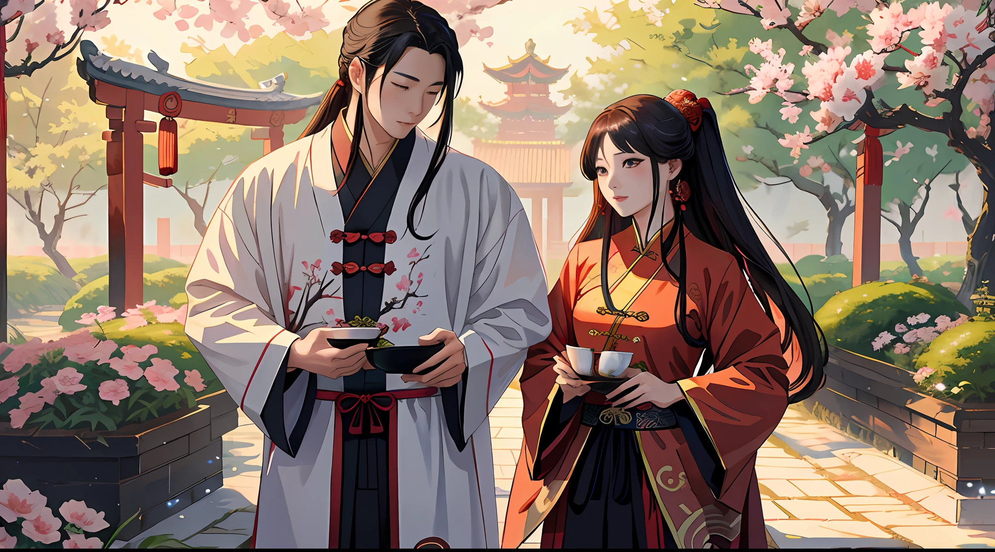 Anime couple dressed in traditional Chinese costumes standing in front of the garden, a detailed painting by Yang J, trending on pixiv, aestheticism, flowing hair and long robes, Guviz-style artwork, Wearing ancient Chinese clothes, yiqiang and shurakrgt, cute couple, with acient chinese clothes, High-quality fanart, official fanart