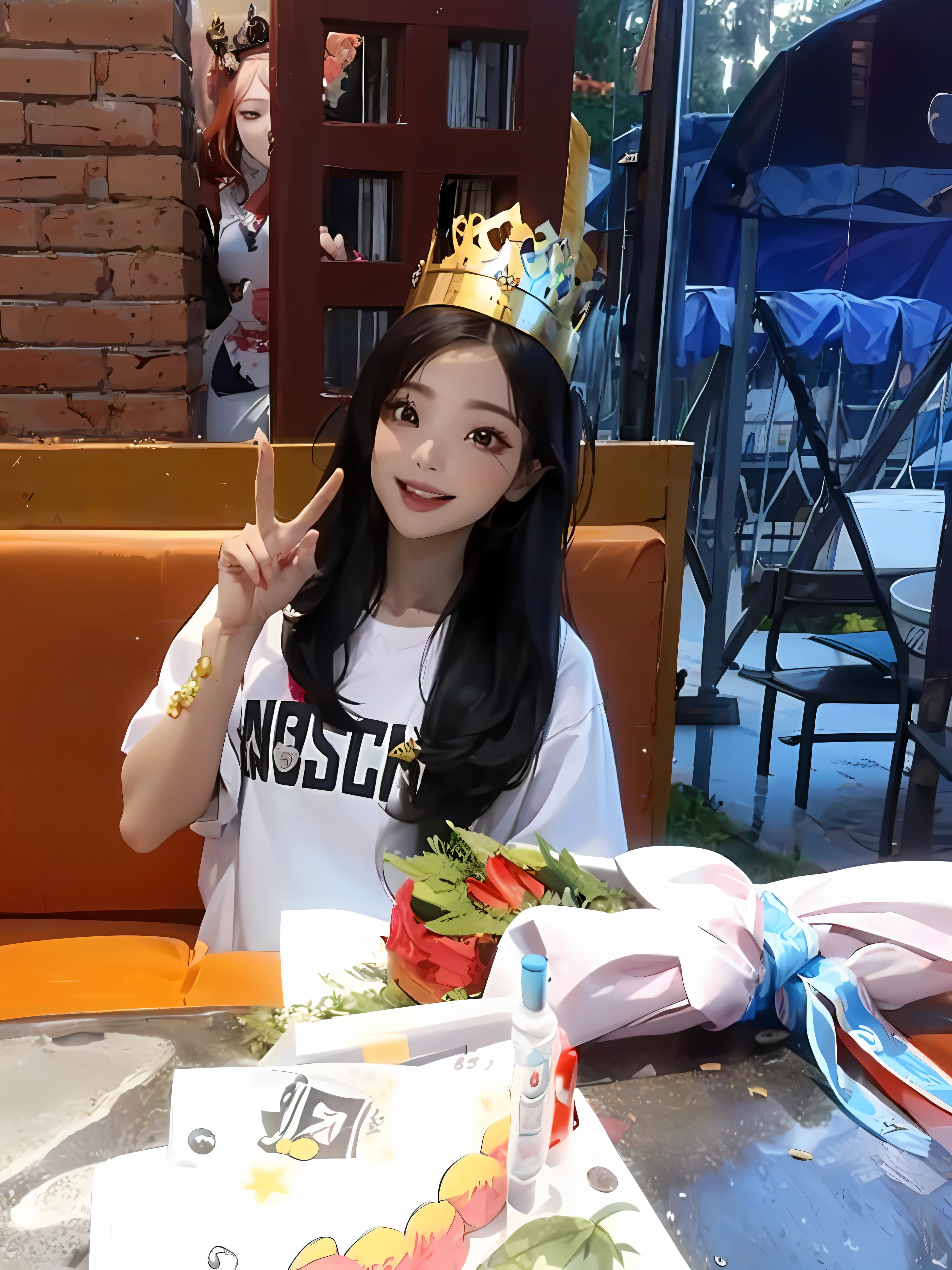 There was a woman sitting at the table,On his head are cakes and crowns, with crown, tzuyu from twice, Ruan cute vtuber, Shin Jinying, xintong chen, jossi of blackpink, ulzzangs, jaeyeon nam, With a crown, wearing a paper crown, she is about 1 6 , wan adorable korean face,Hand detail,Eye details,detail in face