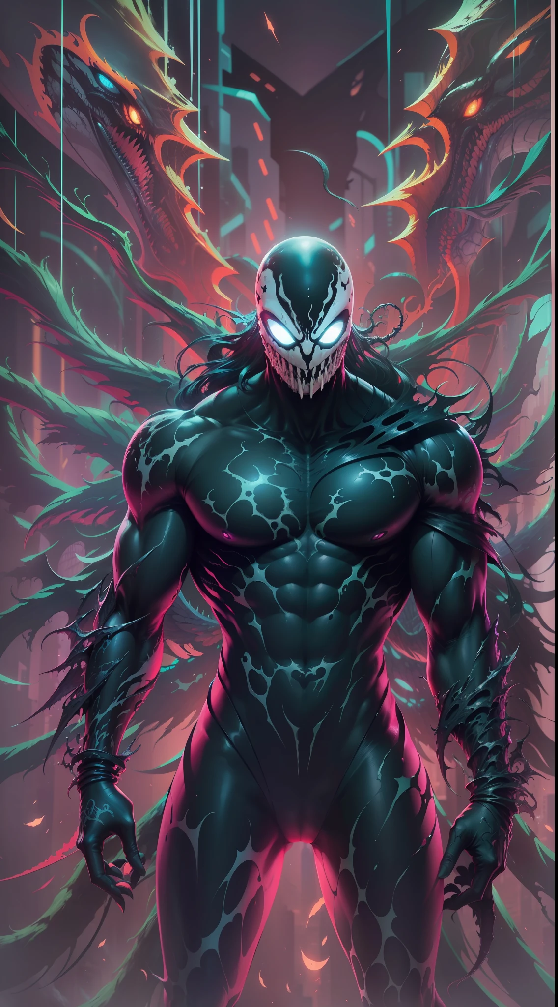((obra maestra impresionante)), (Ultra resolution 8K, Striking illustration of the Venom symbiote, Traje Cyberpunk,symbiotic wings,Illustration by Hetera, dark ilumination, Spectral illumination