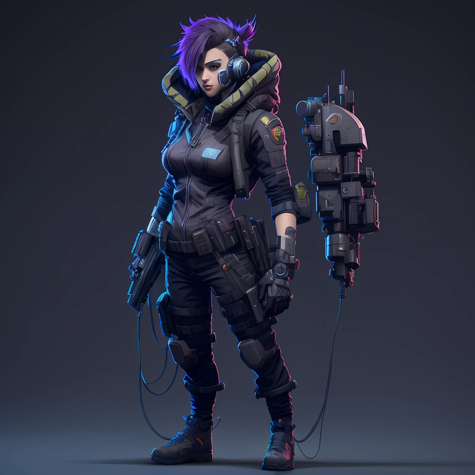 Close up portrait of a person with a gun and backpack, epic sci - fi character art, epic sci-fi character art, scifi character, SCI - FI Characters, sci fi female character, epic sci-fi character art, cyberpunk character design, scifi character render, Cyberpunk characters, Cyberpunk character art, sci-fi character concept, starfinder character, sci-fi character concept